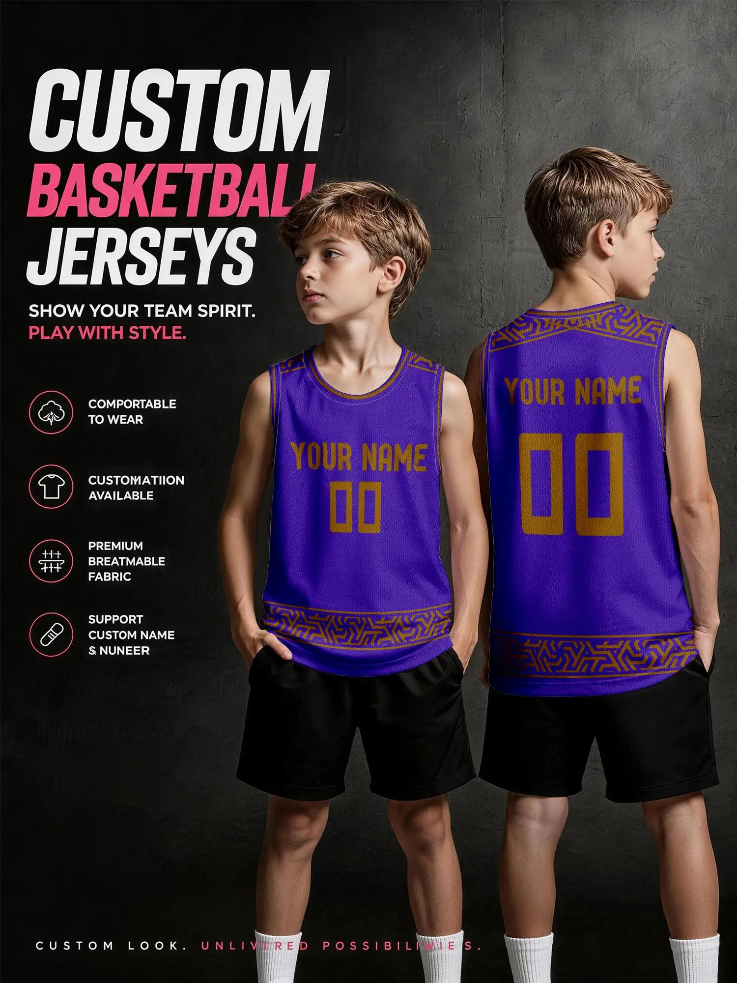 Maglia da Basket Personalizzata con Motivo Oro e Viola, Uniforme per Adulti e Bambini, Stampa Nome e Numero