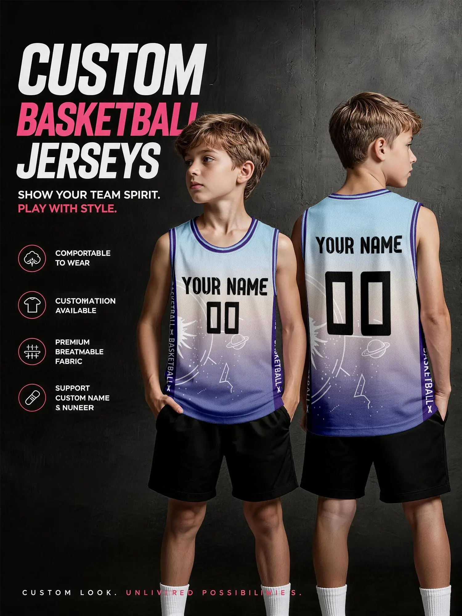 Maglia da basket personalizzata con stampa sfumata blu-viola a tema galassia, gilet traspirante personalizzato a tema spaziale da sogno.