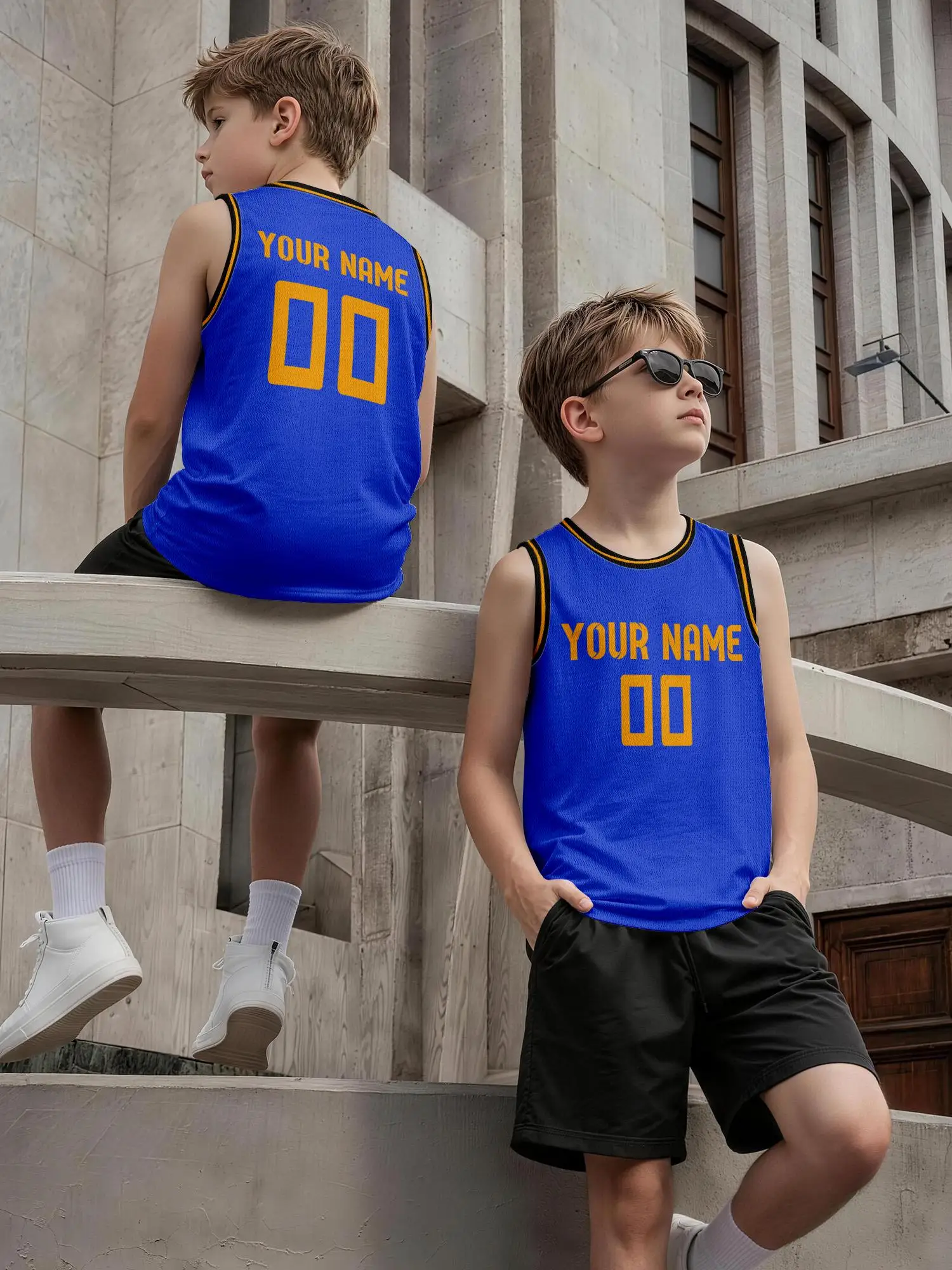 Set di Maglie da Basket Personalizzate Blu Reale con Bordo Dorato, per Adulti e Bambini, con Stampa di Nome e Numero, Uniforme ad Asciugatura Rapida