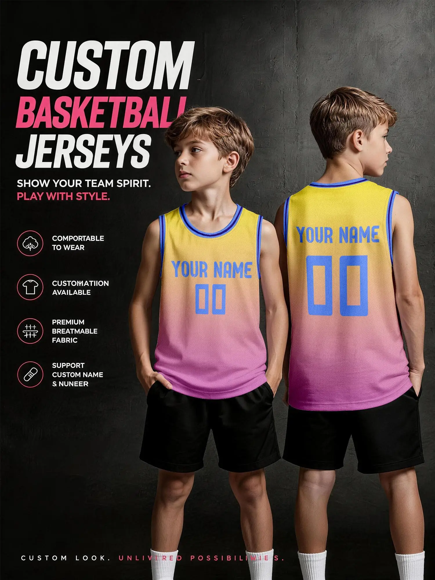 Set di Maglie da Basket Personalizzate con Gradiente Giallo-Rosa e Bordo Blu, Uniforme Traspirante ad Asciugatura Rapida per Bambini e Adulti, Stampa Nome e Numero
