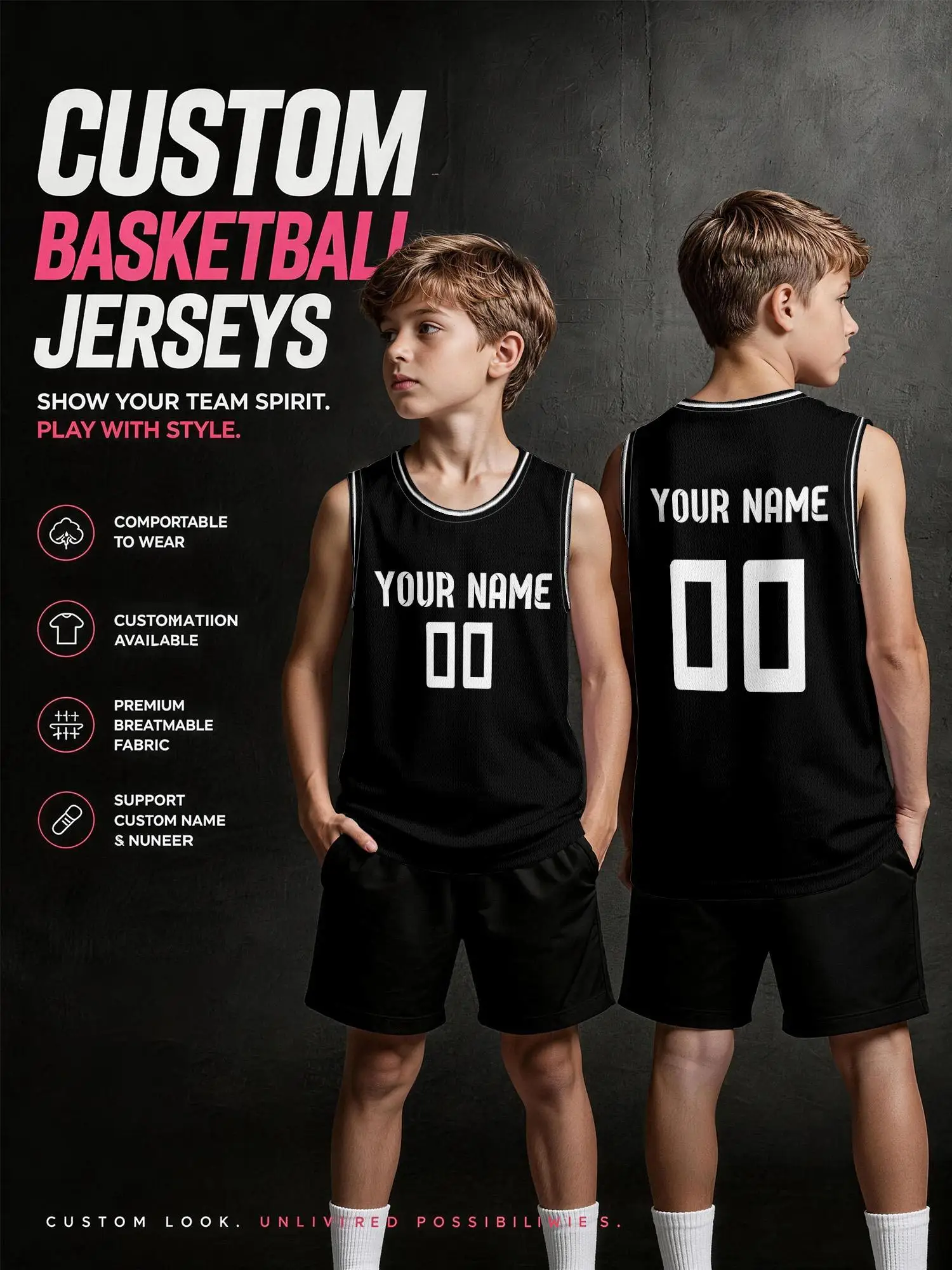Maglia da basket personalizzata nera con bordi bianchi, gilet in rete traspirante per la stampa di nome e numero.
