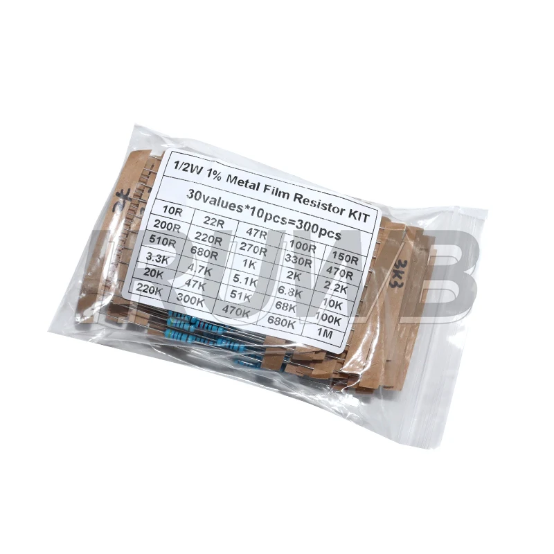 Set di resistenze da 300 pezzi 1/4W 1/2W 1W Kit di assortimento di resistenze a film metallico 1% 10R - 1M Ohm 30 tipi * 10 pezzi = 300 pezzi