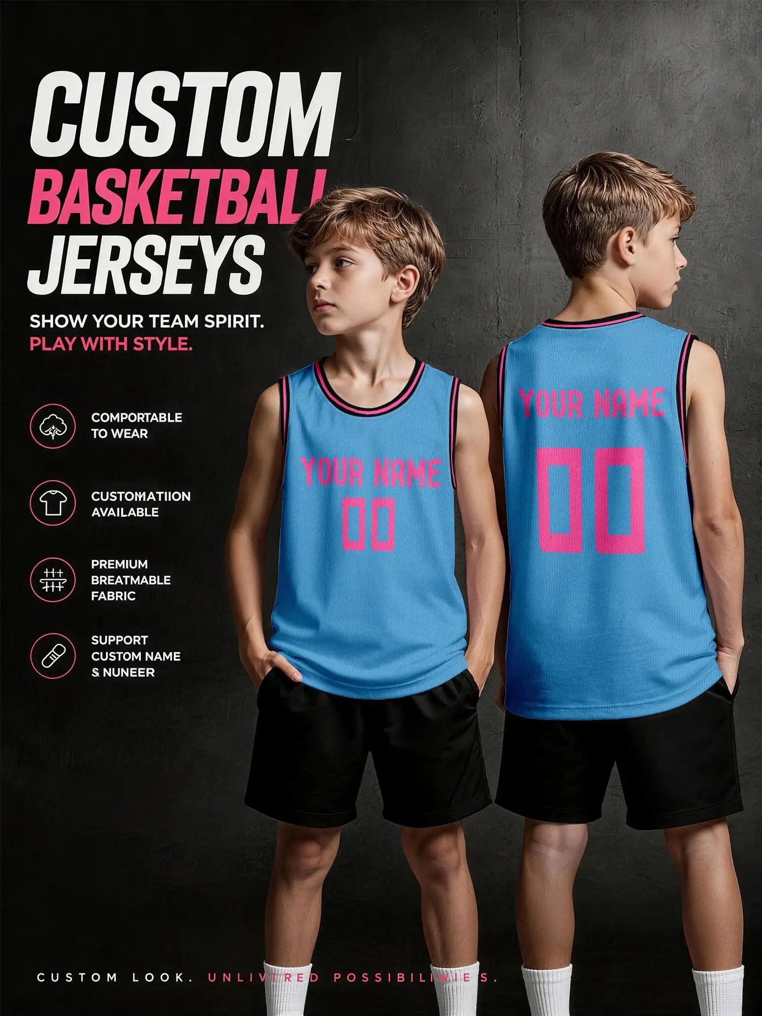 Maglia da Basket Personalizzata Blu Lago con Bordo Rosa, Set per Adulti e Bambini con Stampa Nome e Numero, Asciugatura Rapida
