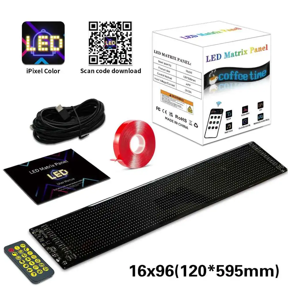 Display a matrice LED RGB flessibile, 16x96 pixel, controllo tramite app USB, impermeabile IP65, pannello display LED programmabile