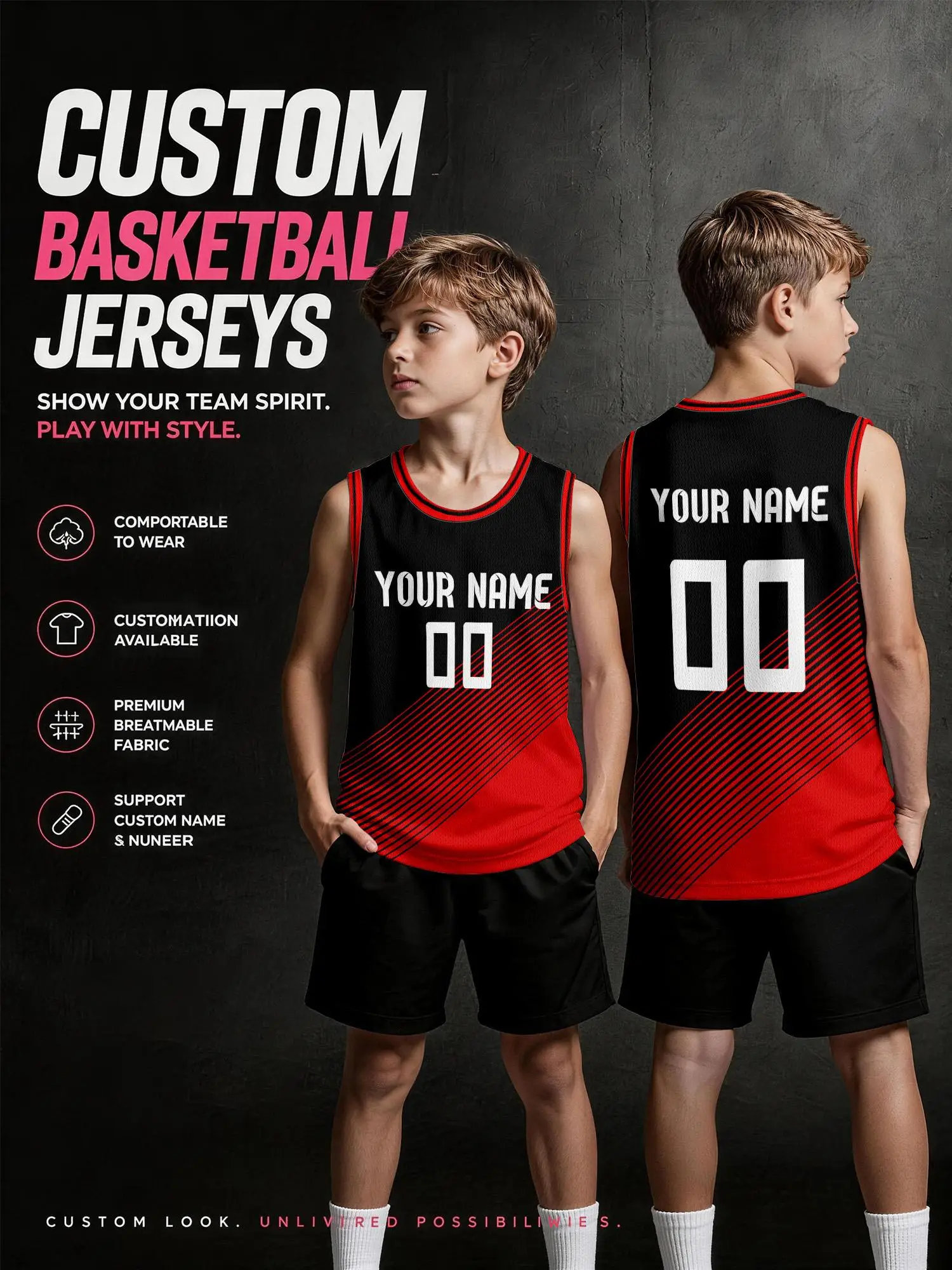 Maglia da Basket Personalizzata a Strisce Diagonali Nero-Rosse, Uniforme per Squadre Adulti e Bambini, Stampa Nome e Numero