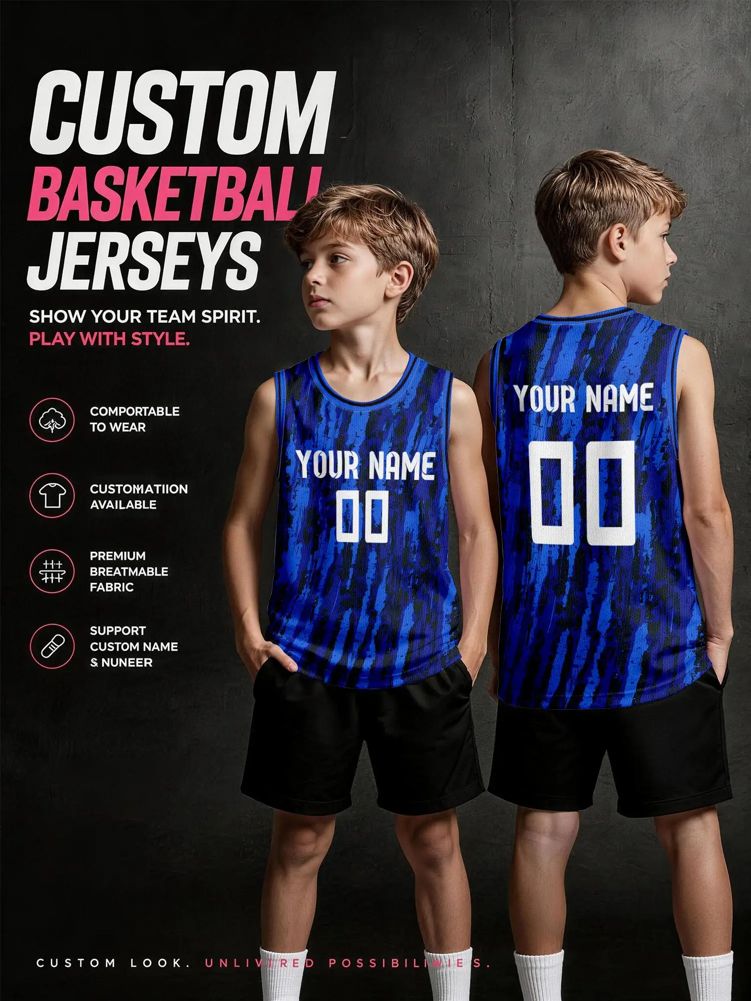 Maglia da basket personalizzata con graffiti verticali blu royal per adulti e bambini, rete traspirante per la stampa di nomi e numeri