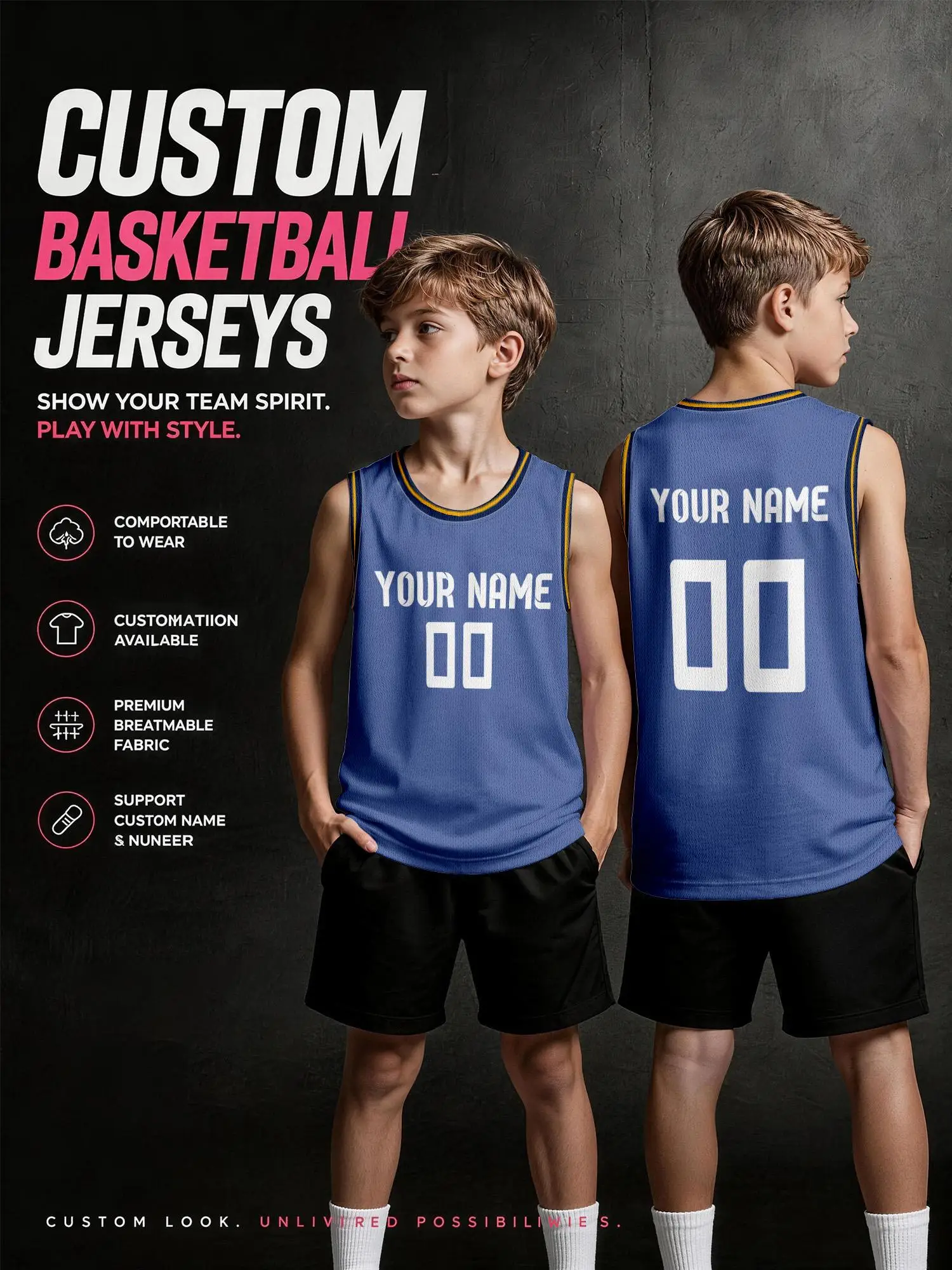 Canotta da basket blu navy personalizzata, in rete traspirante per adulti e bambini, nome e numero personalizzabili