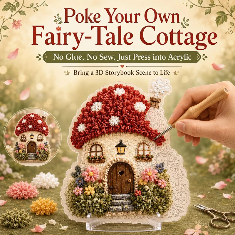 Kit Fai-da-Te Casa dei Funghi 3D Poke Art, Set per Ricamo con Ago Punzonatore per Tessuti, Kit Artigianale con Strumenti e Filati Colorati per Decorazione Casa