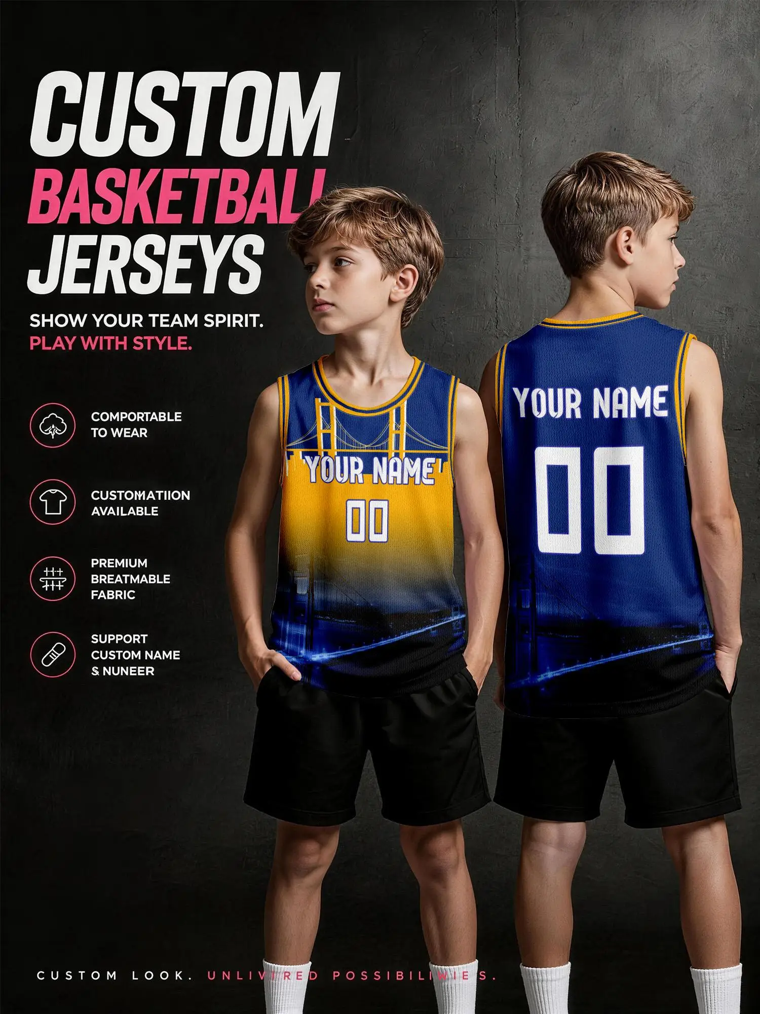 Set di maglie da basket personalizzate per bambini con gradiente di colore, nome e numero stampabili, canotta traspirante in rete per squadre giovanili