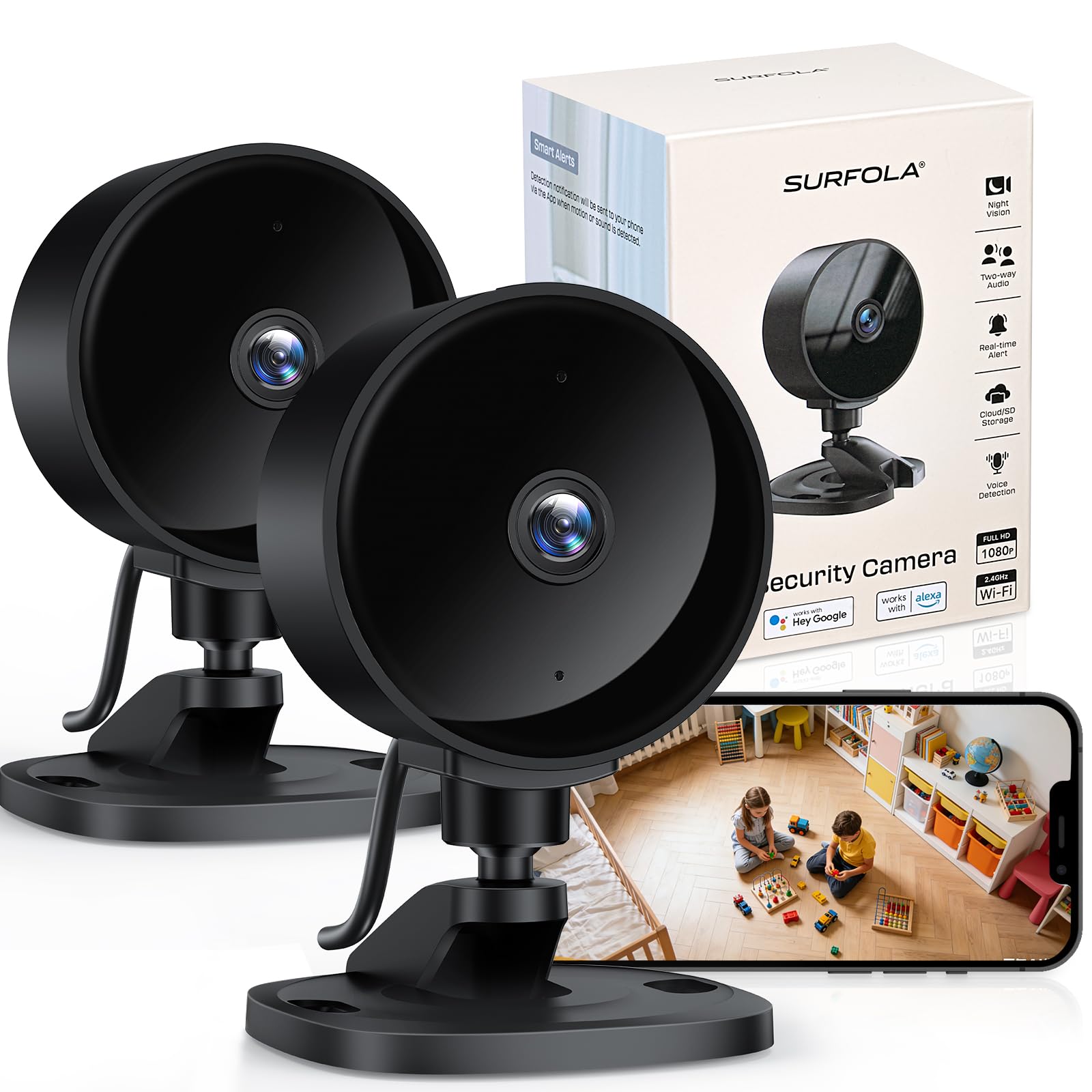Surfola Telecamera Wi-Fi Interno, 1080P FHD Videocamera Sorveglianza per Neonati/Animali con Rilevamento Movimento e Sonoro AI, Visione Notturna, Audio Bidirezionale, Alexa e Goog…