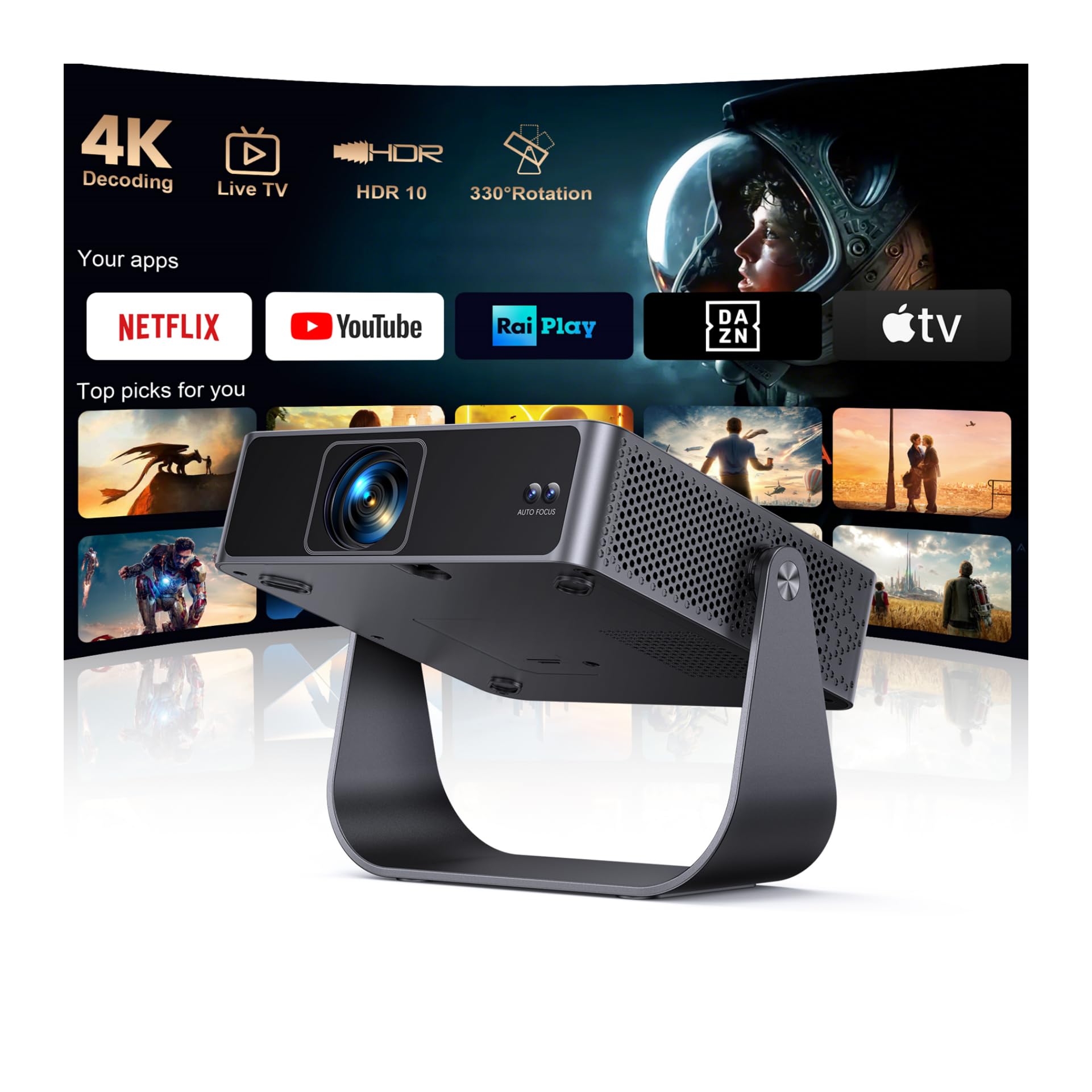 Proiettore Portatile【Smart TV & 1000+ Canali Live】Mini Proiettore 4K Smart TV Compatibile con Netflix, Rotazione 330°, Auto Focus WiFi Bluetooth, 1080P Nativo, Videoproiettore sof…