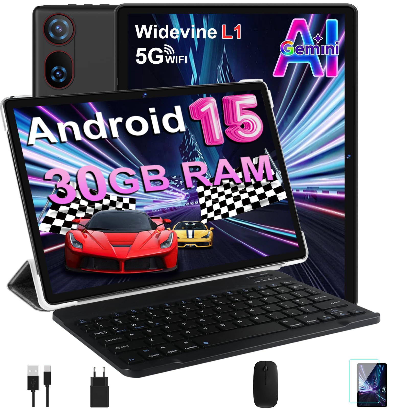 Tablet 10 Pollici Android 15 con 30 GB RAM+2TB ROM Espansione, Widevine L1 | FHD Tablet con Tastiera e Mouse, 6000mAh, Octa-Core, 5G Wi-Fi, GPS, USB-C, BT 5.0, 8MP+5MP, Gemini AI,…