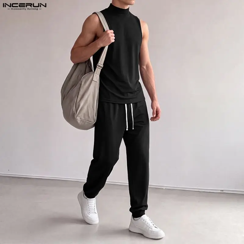 INCERUN Set da Uomo: Maglia a Collo Alto Senza Maniche e Pantaloni in Tinta Unita, Completo Due Pezzi, Abbigliamento Casual da Strada, Tuta Sportiva Coordinata