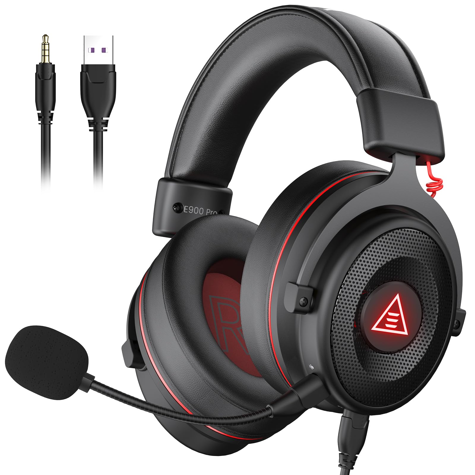 EKSA E900 Pro Cuffie Gaming con Microfono, Surround 7.1, USB e Jack da 3,5 mm, Driver da 50 mm, Microfono con Riduzione del Rumore, Luce LED, per PC PS4 PS5 Xbox One Switch Rosso