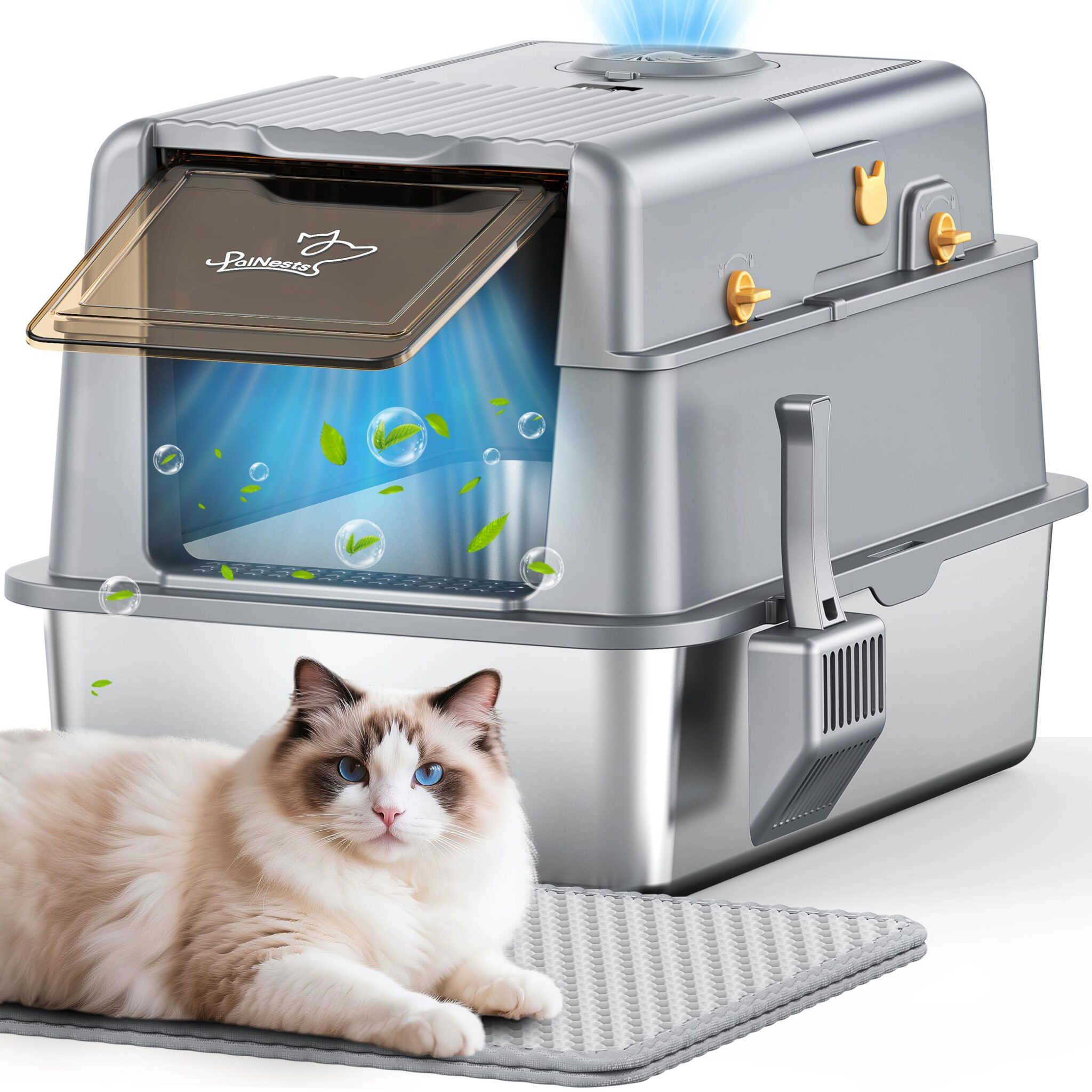 PalNests Lettiera Acciaio Inox per Gatti, Lettiera per Gatto XXL con Coperchio Ribaltabile a 105°, Lettiere in Metallo con Sistema di Aria Deodorizzazione, Lettiere Chiusa con Pal…