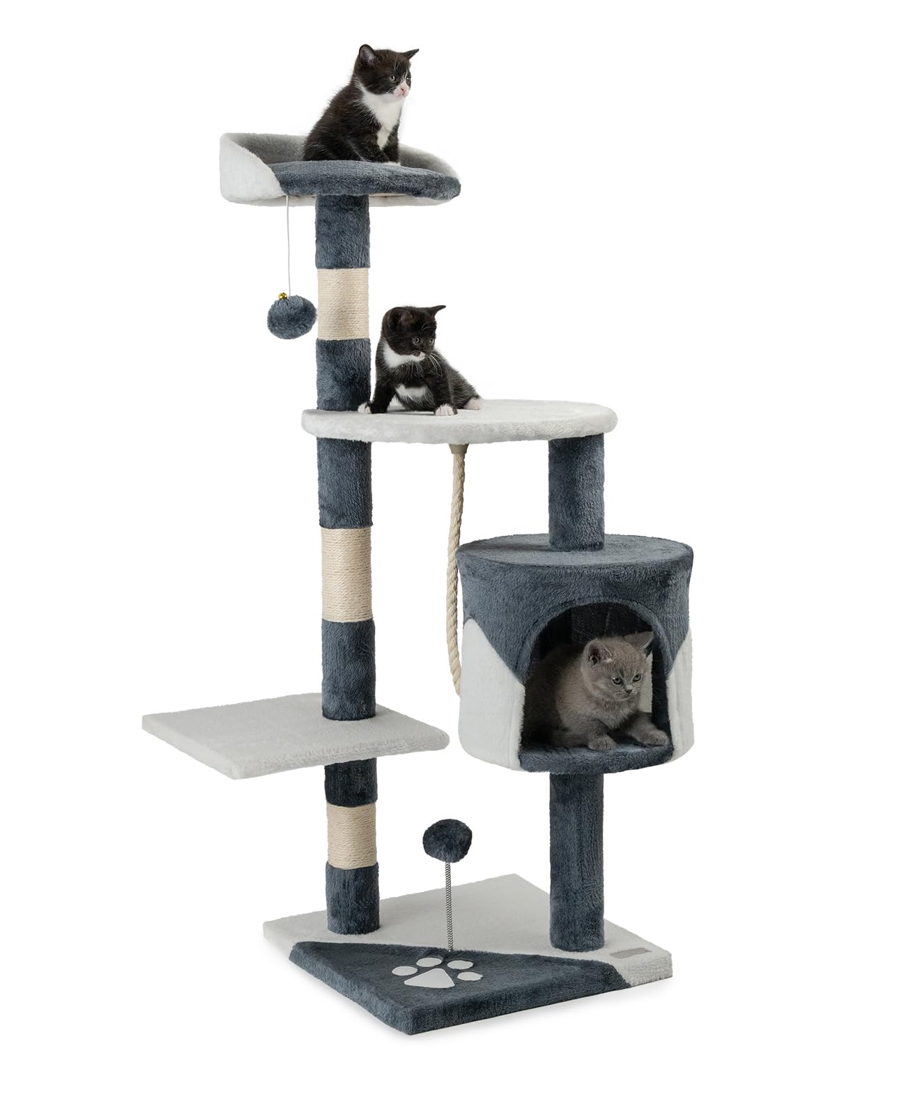 lionto Tiragraffi con Grotta e Colonne, 4 Livelli, 112 cm, Grigio/Bianco | Tiragraffi medio per gatti con palline in peluche, corda sisal, grotta e piattaforma per arrampicarsi, g…