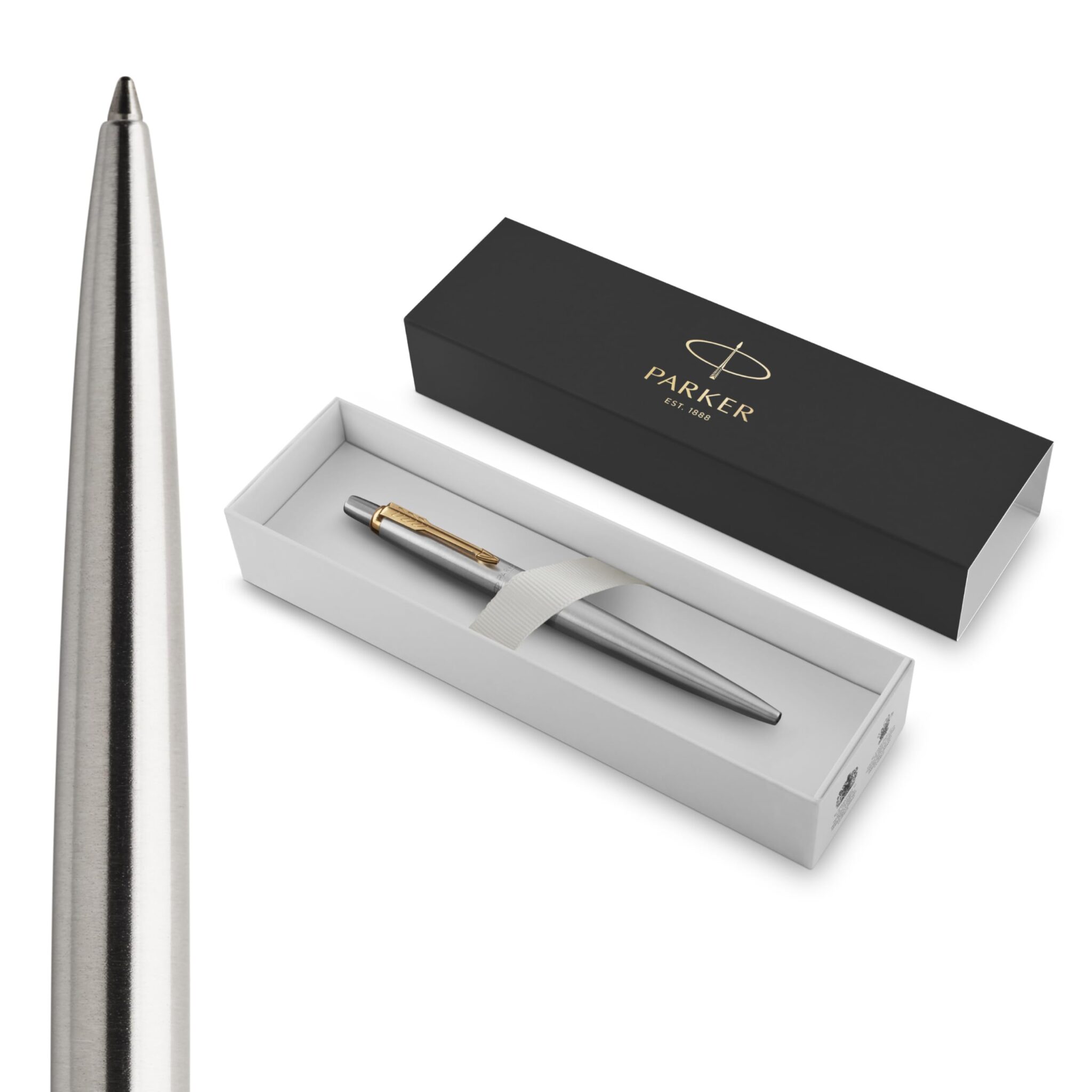 Parker Penna a Sfera Jotter | Acciaio inossidabile con dettagli dorate| | punta media con inchiostro blu | Confezione regalo | Materiale scolastico