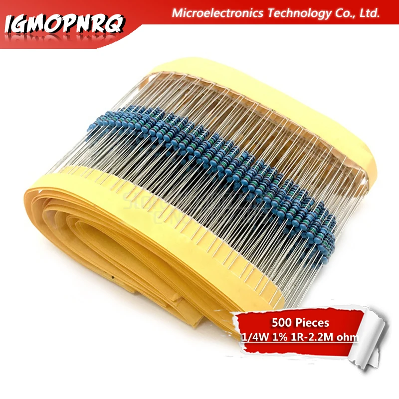 500 pezzi 1R ~ 2.2M 1% resistore a film metallico 1/4W serie 10K 22K 47K 100K 100 220 1K5 2K2 100R 220R 1K 1.5K 2.2K 4.7K 4K7 ohm