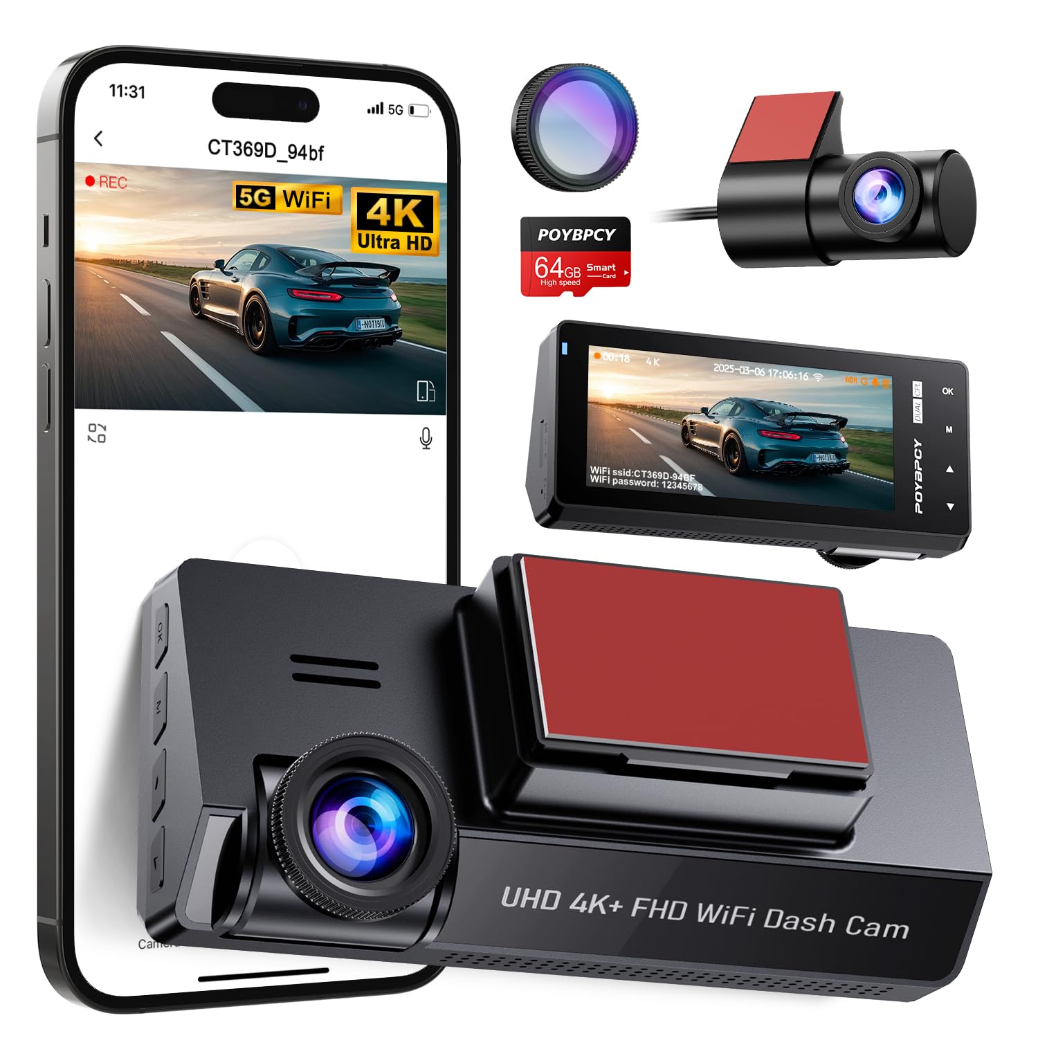 POYBPCY Dash Cam Auto 4K+1080P con Filtro CPL,Doppia WiFi Telecamera Auto Scheda da 64 GB, Dashcam Display IPS da 3.69",Visione Notturna+WDR,G-Sensor,Registrazione in loop,24H Mon…