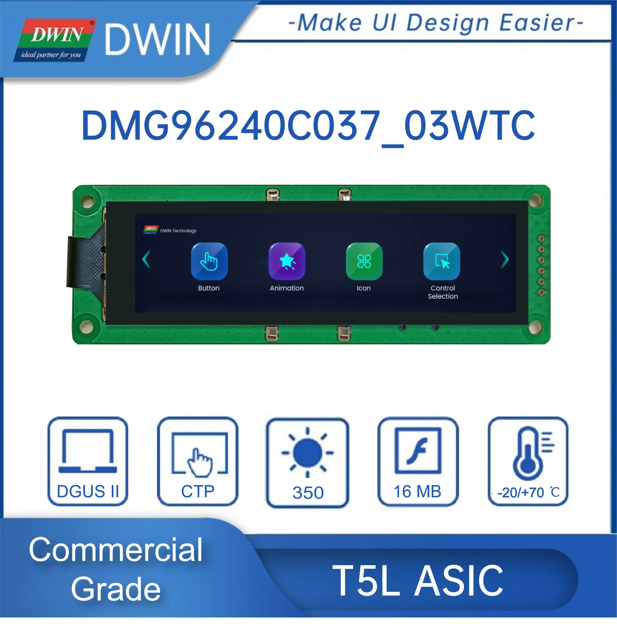 Bar LCD da 3,7 pollici 240*960 Pixel Risoluzione 16,7 M Colori HMI IPS TFT Display LCD Schermo Moduli LCD DMG96240C037_03W
