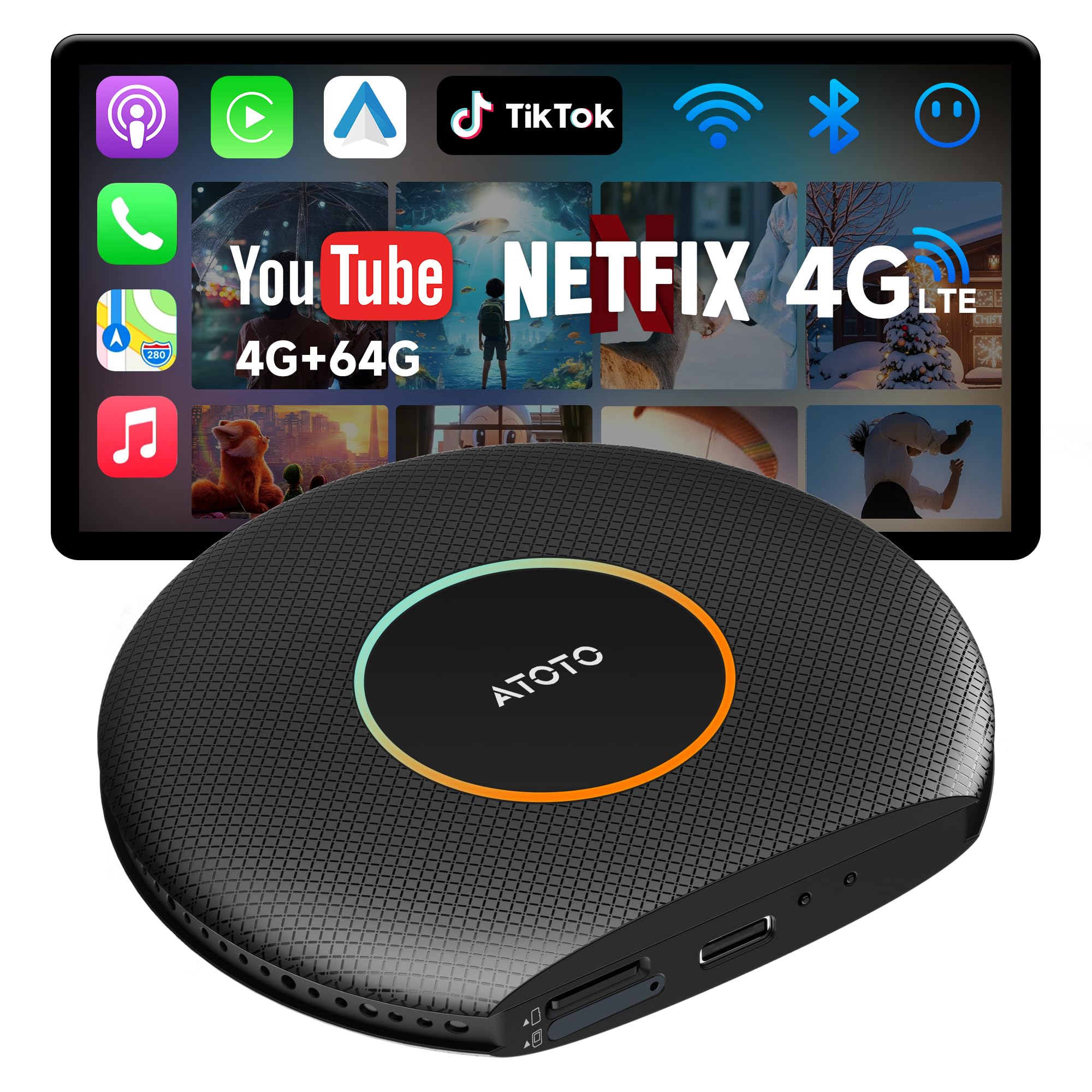 Adattatore CarPlay Wireless 4+64GB AI Box Android Auto con Navigazione GPS | Supporta YouTube/Netflix, 4GB+64GB, serratura Bluetooth integrata, doppio WIFI, doppio Bluetooth