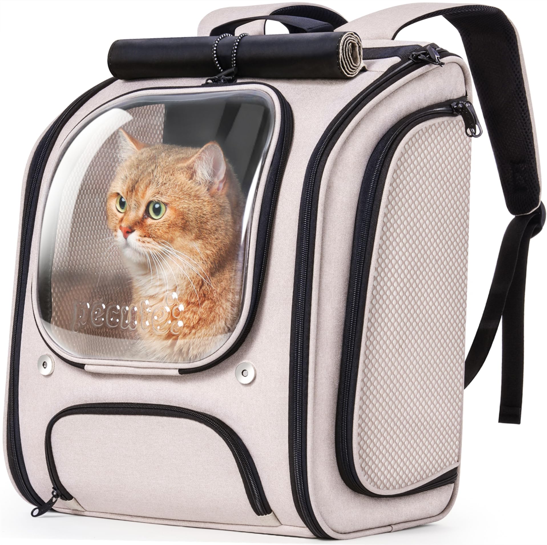 Pecute Zaino Gatto, Zaino a Bolla per Gatti di Grandi,Ergonomia,Cachi | Tenda Parasole,Finestra Trasparente,Corda Di Sicurezza,Robusto,Grande Rete Traspirante,Per Esterni,Approvat…