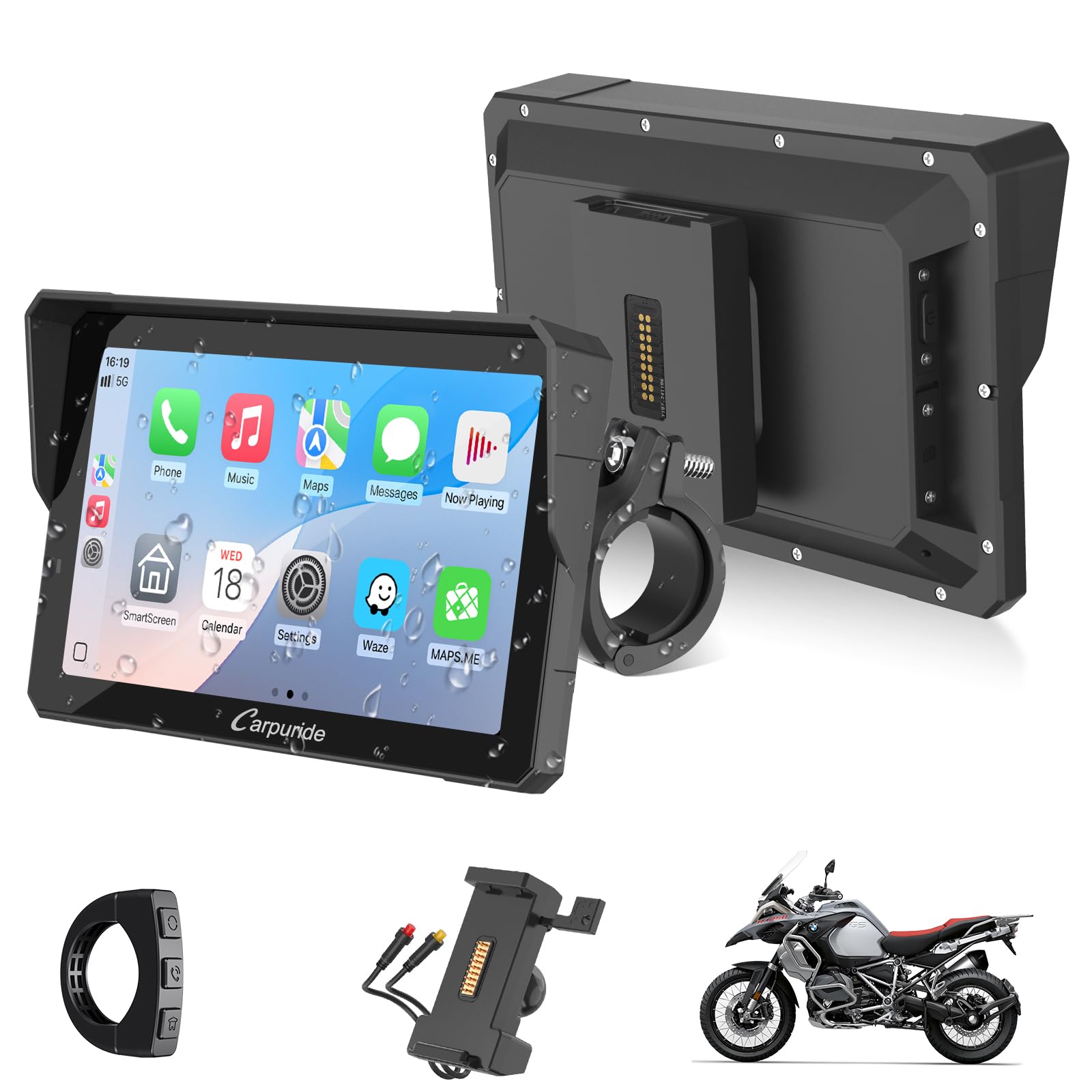 CARPURIDE W702S Pro Moto Carplay Schermo con BM05 Support per Plug-and-Play | Senza Fili CarPlay e Android Auto, 7" Impermeabile Touchscreen, Doppio Bluetooth, Cablato Controller,…