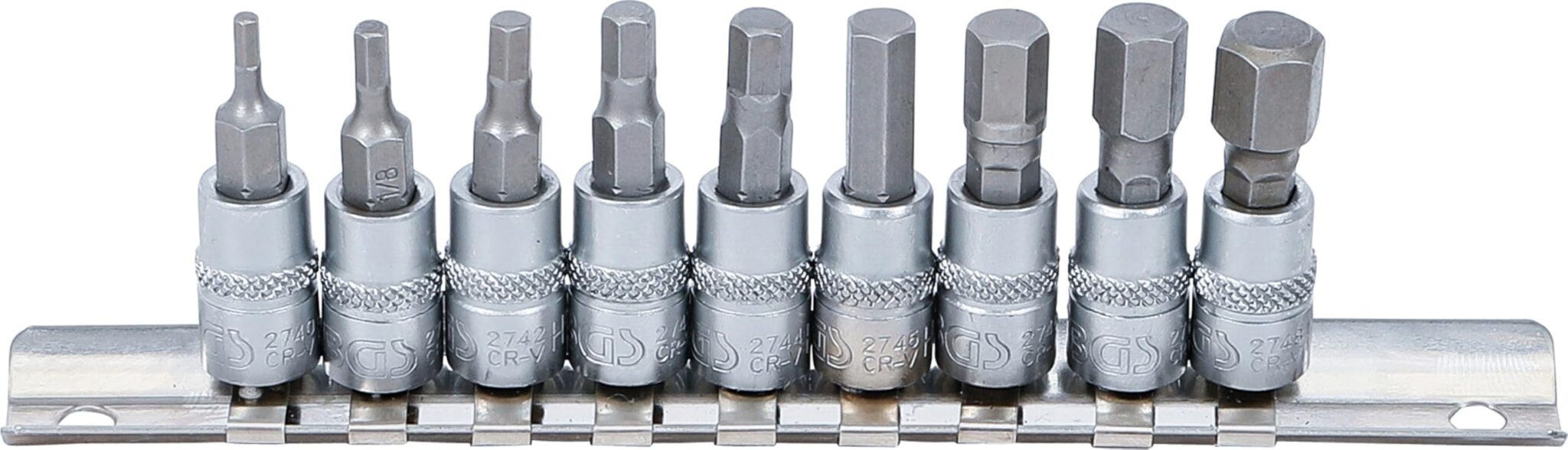 BGS 2749 | Serie di chiavi a bussola | 6,3 mm (1/4") | esagono interno 3/32" - 3/8" | dimensioni in pollici | 9 pz.