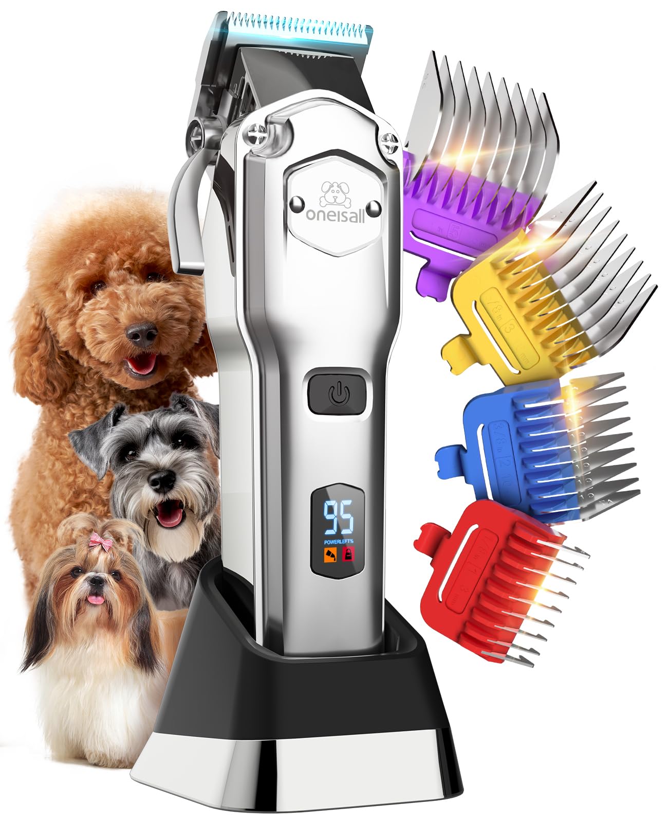 oneisall Tosatrice per cani professionale, senza fili/ricaricabile, con pettini in metallo staccabili, a basso rumore, resistenti, per capelli spessi/ricci/fini/ondulati