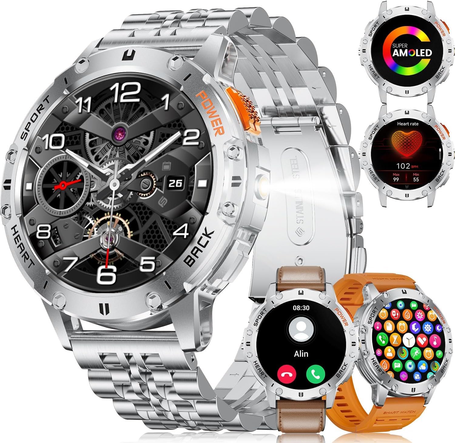 ESFOE Smartwatch Uomo, 1.43" AMOLED Smartwatch Militare Uomo Fitness con Chiamate Bluetooth Orologio Intelligente Impermeabile 5ATM/120 Modalità Sportive/530mAh/Torcia/Cardiofrequ…