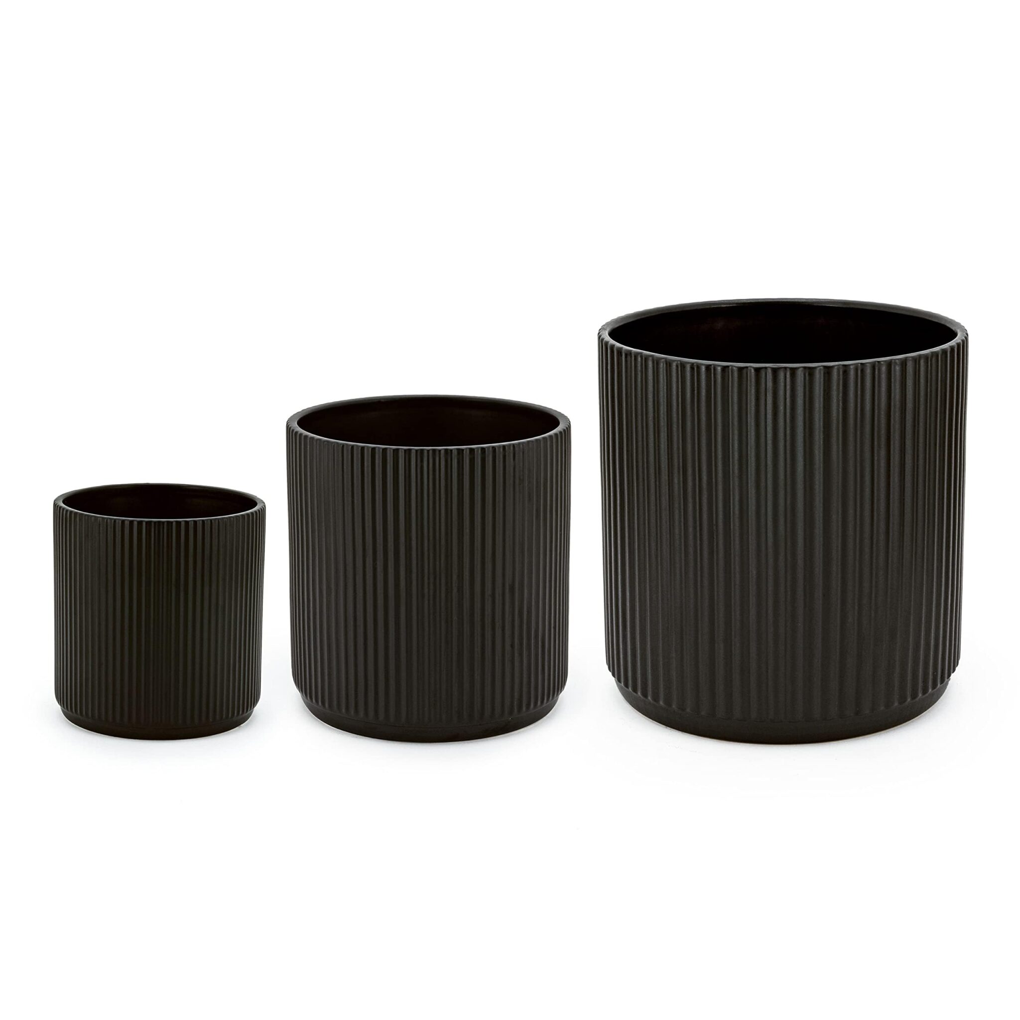 Amazon Basics Rotondo Vasi in ceramica scanalati di dimensioni assortite, 3 unità, nero, 15.2 cm, 20.3 cm, 25.4 cm