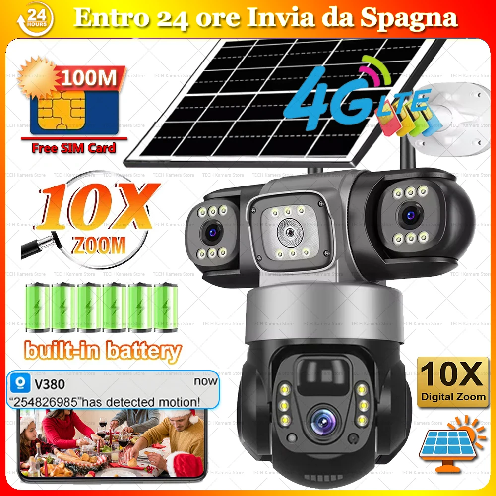 Telecamera Solare 4G con Scheda Regalo, Impermeabile per Esterni, 3 Lenti, Telecamere IP CCTV, Protezione di Sicurezza Domestica Intelligente,IP Solare 4G con Tracciamento Automat…