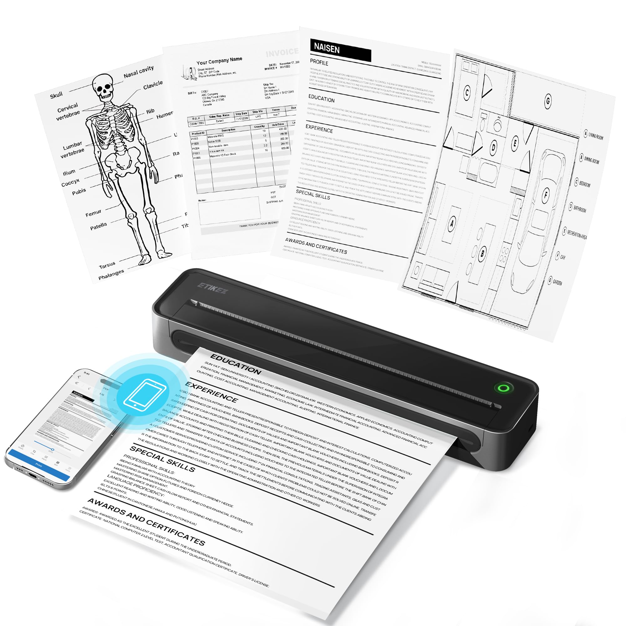ETIKEZ D90E Stampante Termica A4 Portatile Bluetooth per Smartphone | Senza Inchiostro, Inclusi 10 Fogli Di Carta Termica 210 × 297 mm, Supporto USB, Ideale per Documenti e Appunt…