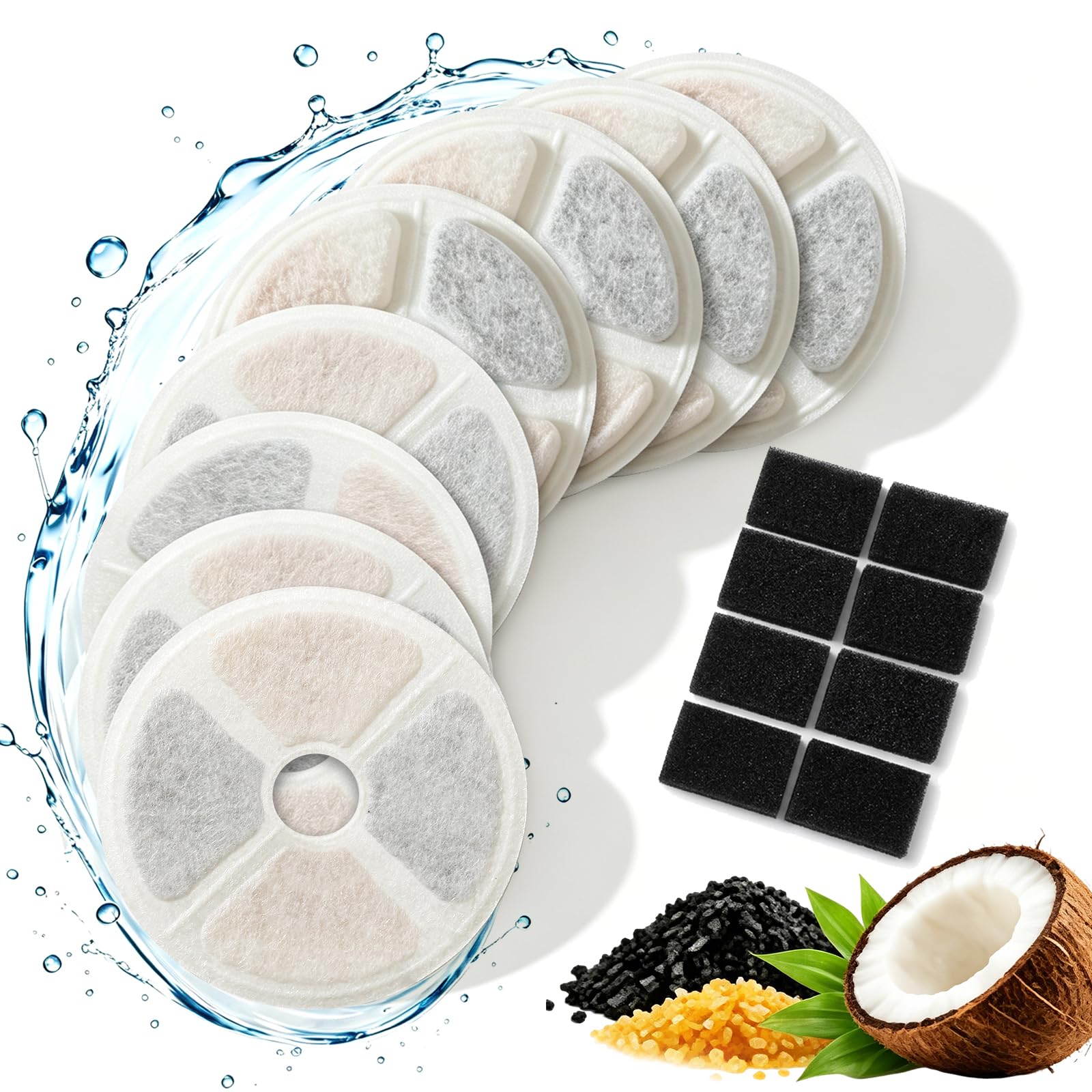 PewinGo Filtri Fontanella per Gatti, 8 Filtri & 8 Spugne Pompa | Filtro a 3 strati per fontanelle FELFNEDY FN-W8L & FN-W6, con 8 filtri di ricambio e 8 spugne per pompa