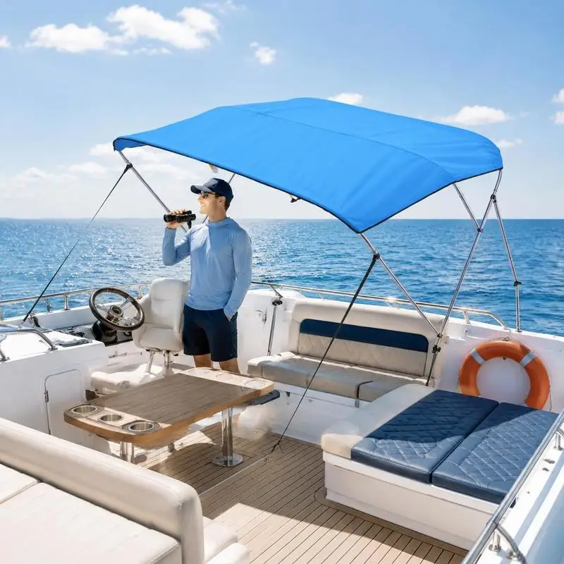 Tendalino Bimini Top 3 Archi, per Vari Tipi di Barche, Peso Netto: 15 cm, Tessuto in Poliestere 600D di Alta Qualità con Telaio in Lega di Alluminio, Colore Blu Marino, Due Pieghe