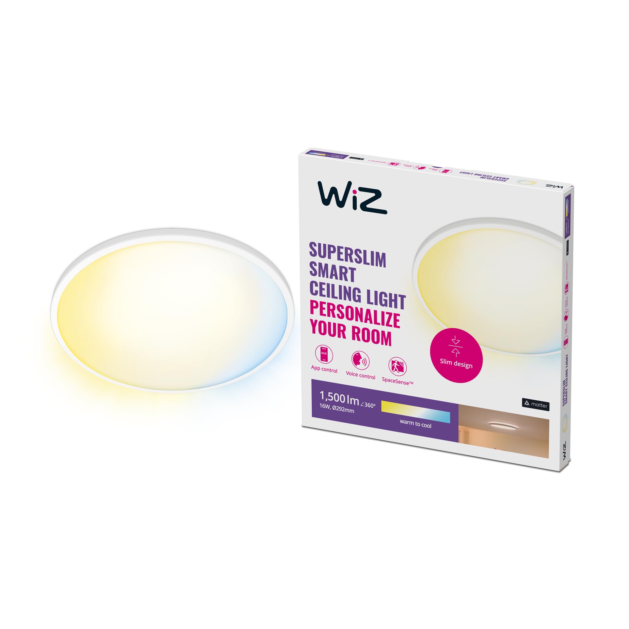 WiZ Plafoniera Smart SuperSlim WiFi, Luce Bianca Dimmerabile, 14W, Bianca, Tecnologia SpaceSense, Controllo Vocale (Alexa, Apple HomeKit, Google Home)