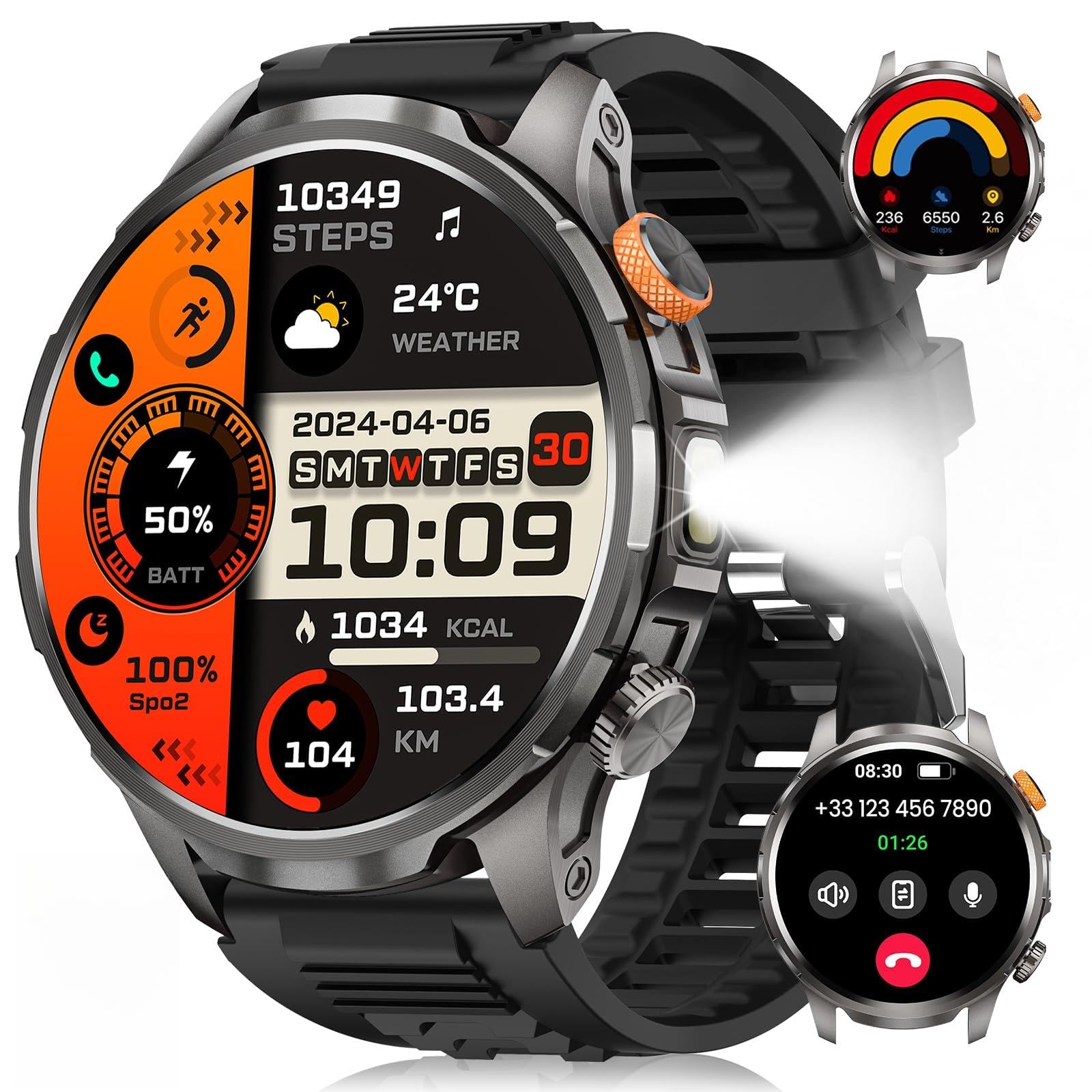 BANLVS Smartwatch Uomo Militare con 1000mAh/Torcia LED, Nero | 1.91" AMOLED, Chiamate Bluetooth, 110+ Modalità Sportive, Impermeabilità 5ATM, 24H Sonno/Frequenza Cardiaca, Android…