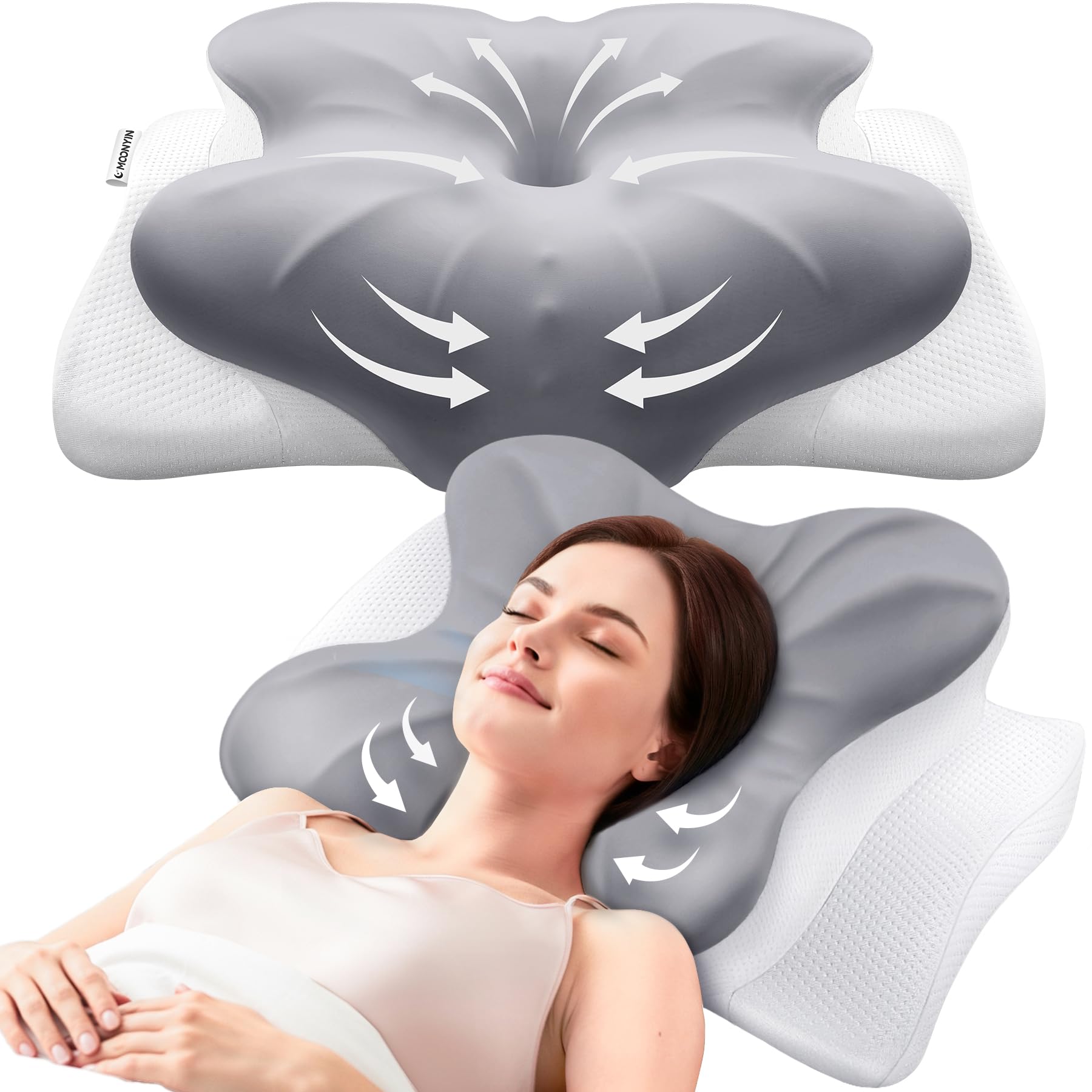 MOONYIN Cuscino Ergonomico per Cervicale – Memory Foam Alta Qualità | Cuscino Ergonomico per Cervicale, Sostegno per Tutte le Posizioni, Copertura in Tessuto Rinfrescante e Lavabi…