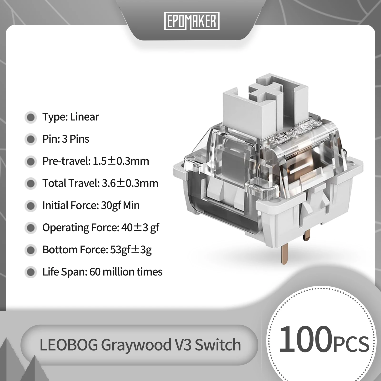 100 Pezzi LEOBOG Graywood V3 Set Interruttori Lineari 40g 3 Pin per Personalizzare Tastiere Meccaniche Fai da Te