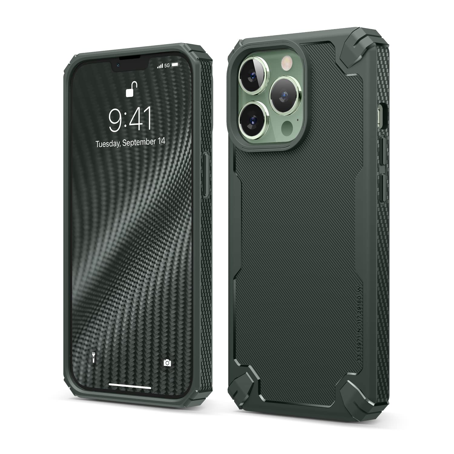 elago Cover Armor per iPhone 13 Pro (6,1") | TPU Premium, Fibra di Carbonio, Design Robusto e Resistente, Protezione per Impieghi Gravosi (Verde Scuro)