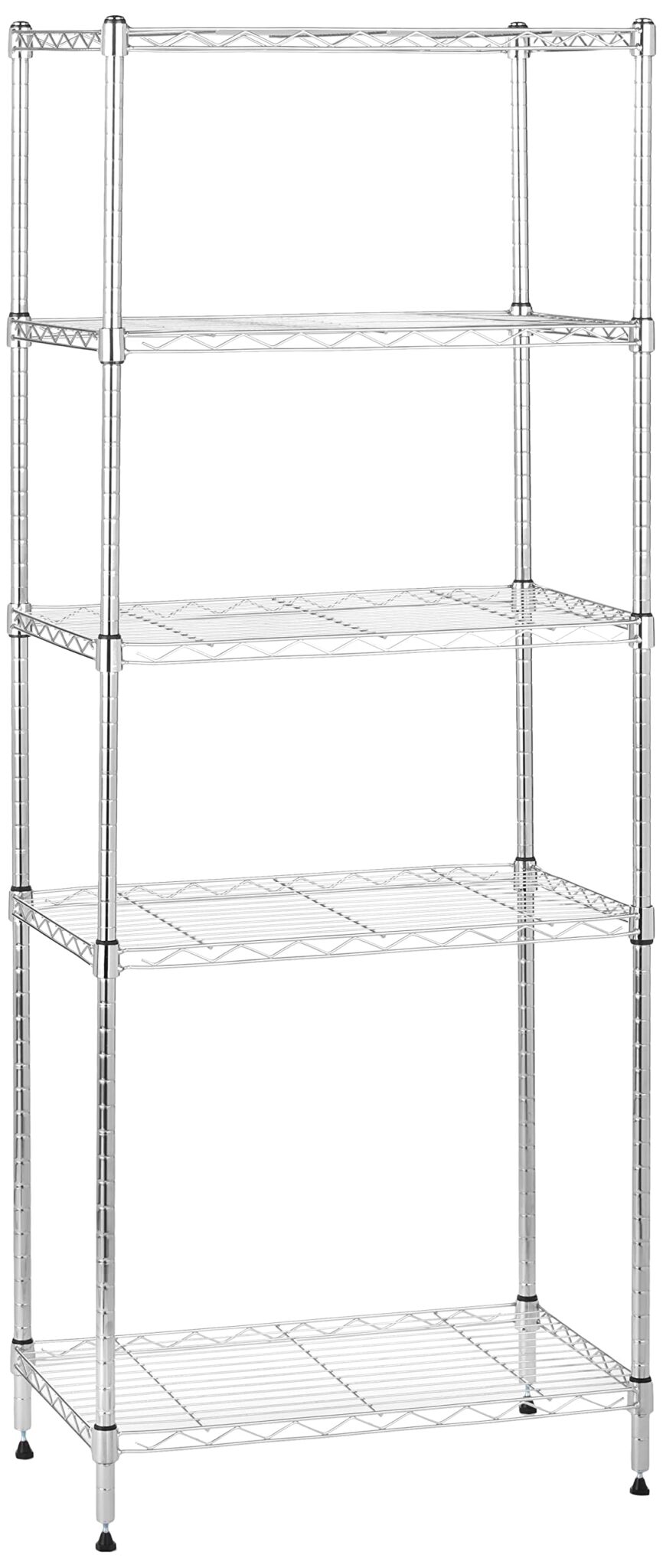 Amazon Basics Scaffaliera a 5 ripiani stretti, altezza dei ripiani e piedini di livellamento regolabili, peso massimo 453 kg, Cromo, 34 x 58.9 x 152.5 cm (D x W x H)