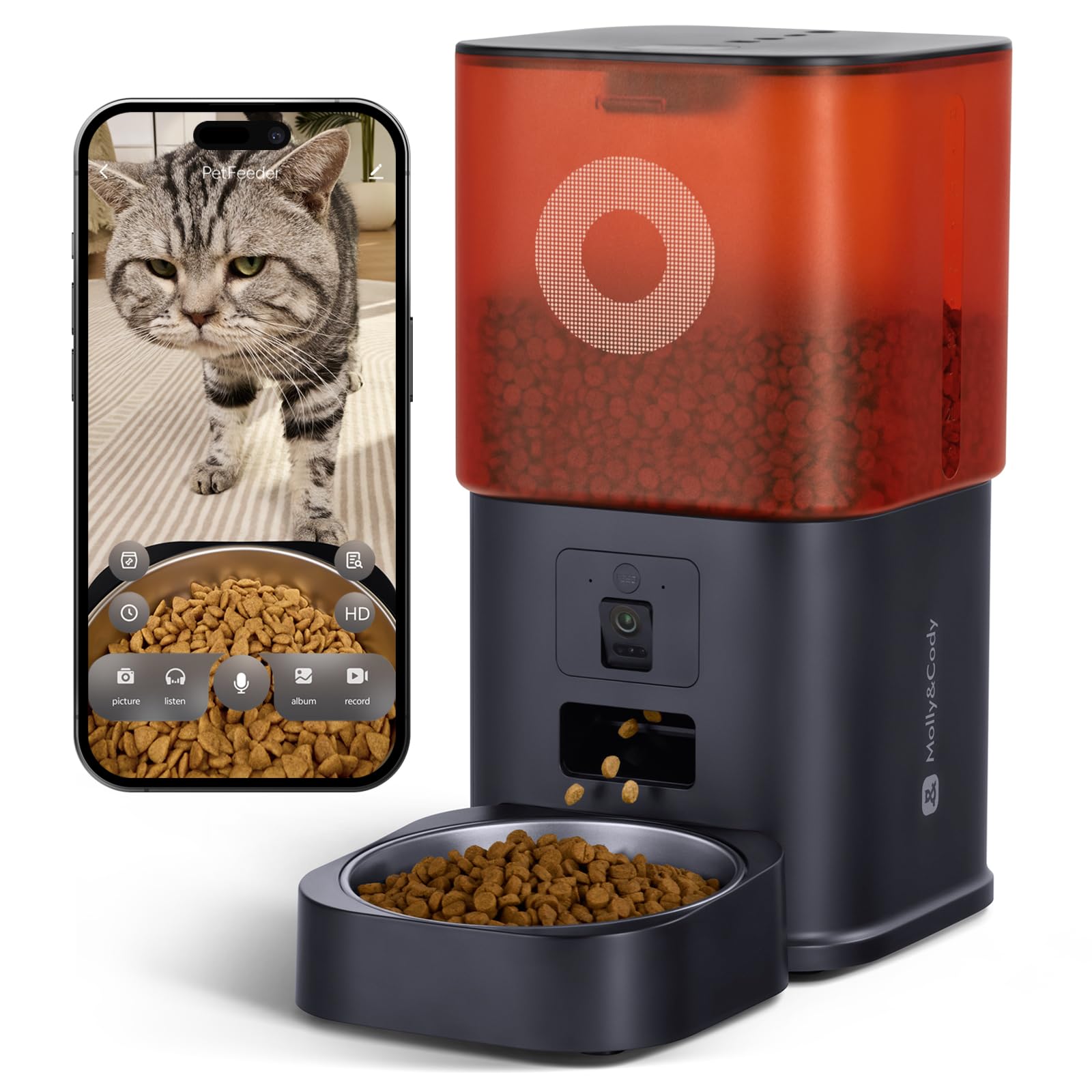Distributore Automatico Cibo Gatti con Telecamera HD, Dispenser 6L WiFi 2.4G con App, Audio Bidirezionale e Visione Notturna, Timer, Doppia Alimentazione, Ciotola Inox (Nero)