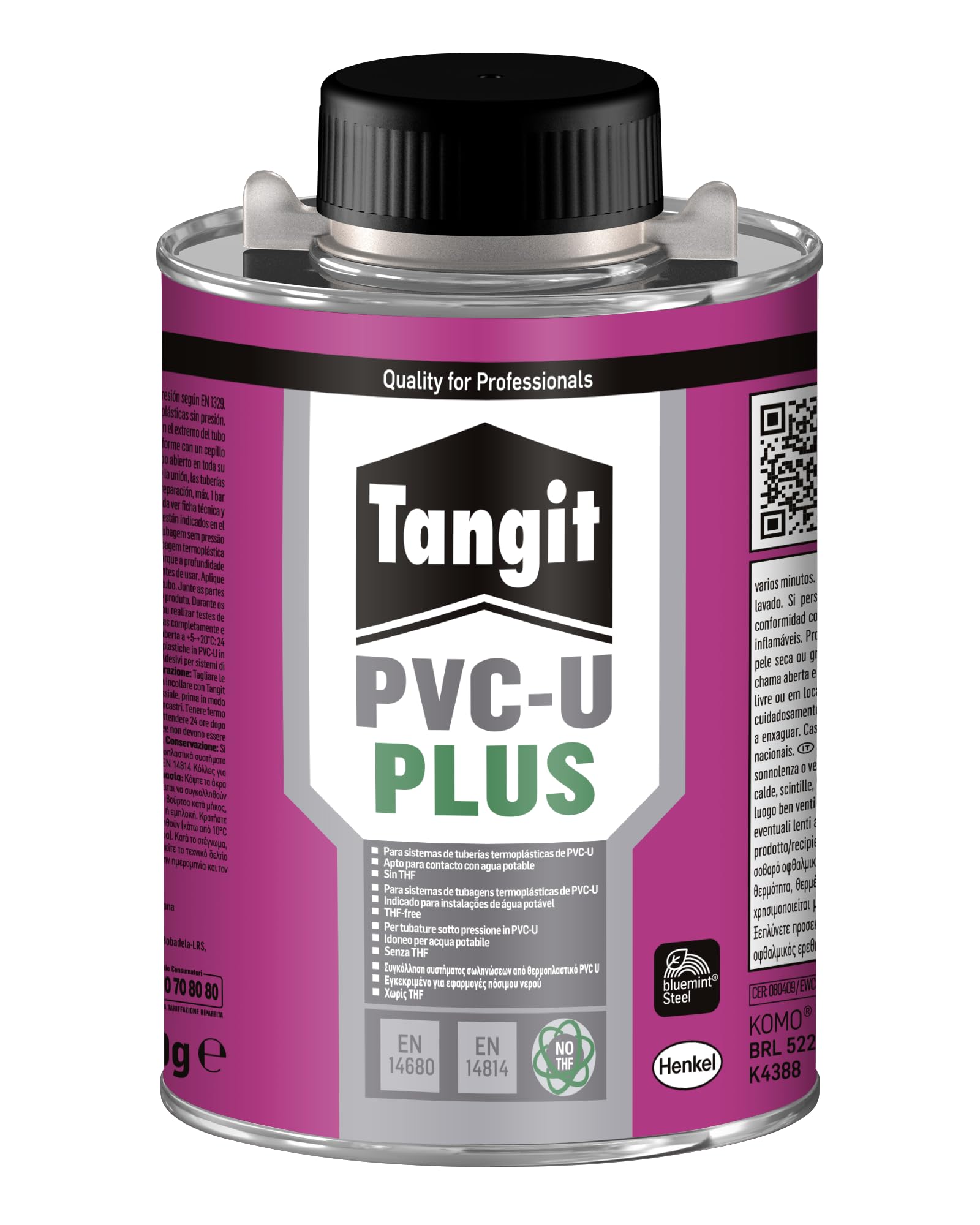 Tangit PVC-U Plus THF Free con Pennello, Colla PVC senza THF, Colla per Assemblare Tubi, Adesivo per Incollare Tubature Idrauliche, 1 Latta 500g