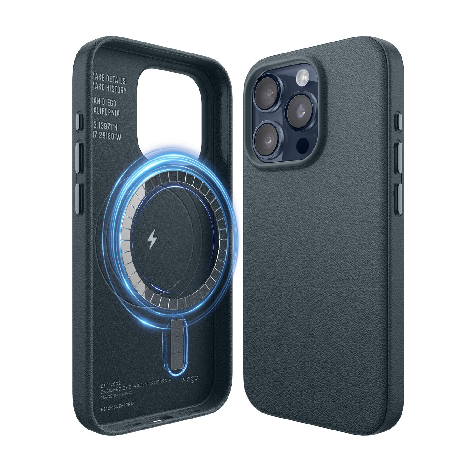 elago Cover Magnetica in Pelle Sintetica per iPhone 15 Pro | Compatibile con MagSafe, Pelle Sintetica Premium, Magneti Forti Integrati, Struttura a 5 Strati (Jean Indigo)