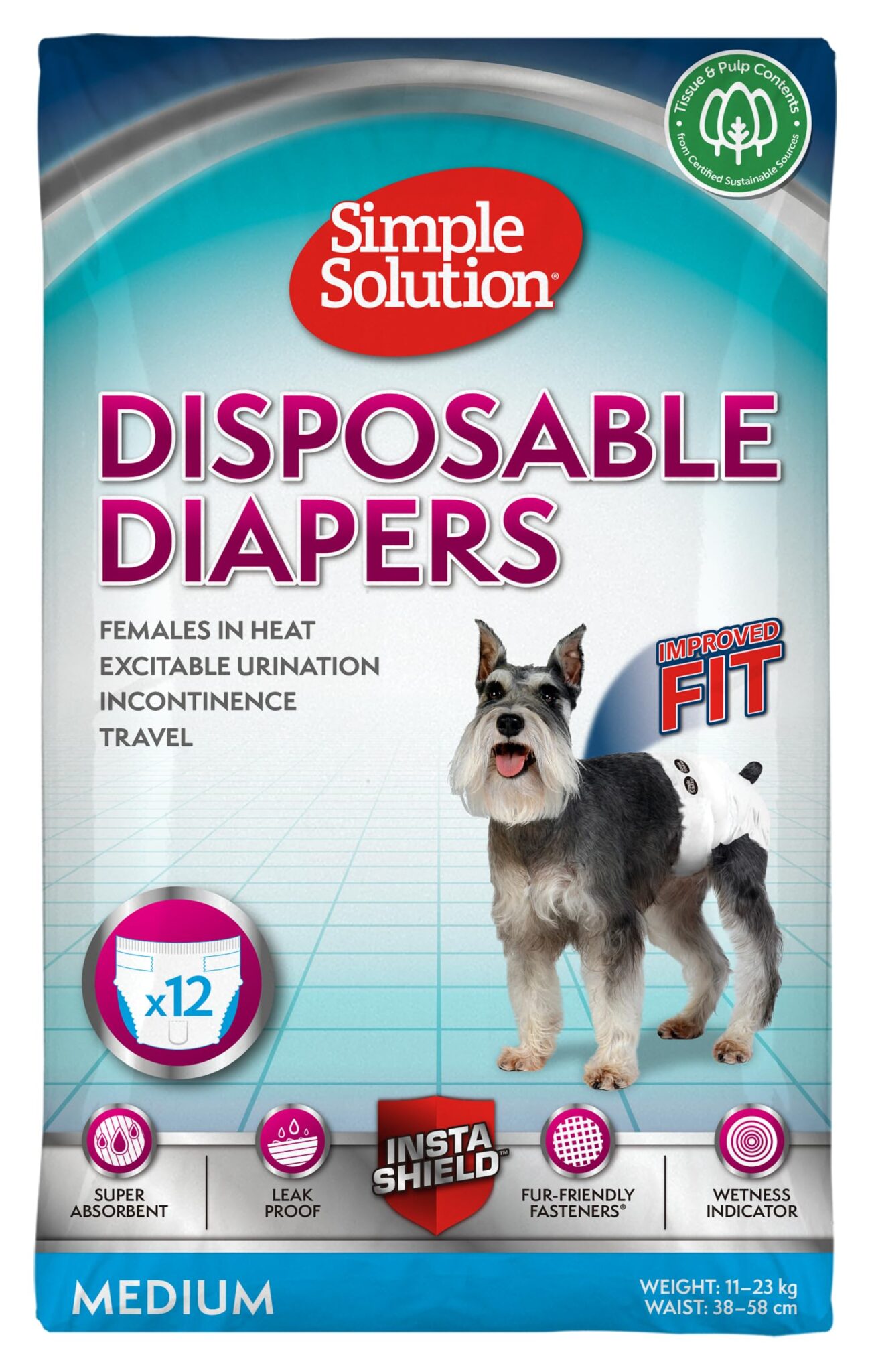 Simple Solution Nuovi ‘True Fit’ Pannolini Monuso per Cani Femmina con Idicatore di Bagnato Medio – 12 pezzi