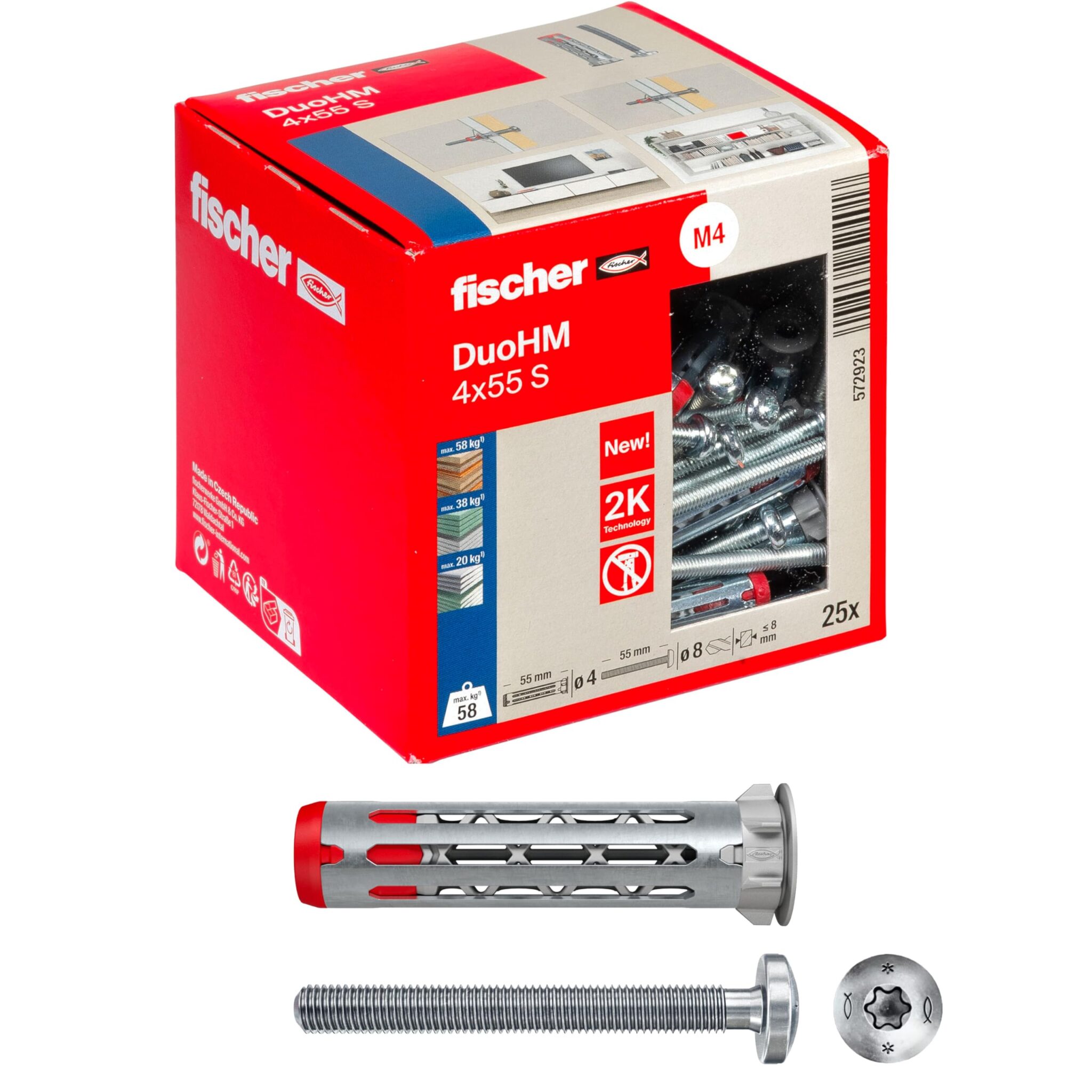 Fischer DuoHM Ø 8 mm con Vite TORX M4x55 mm, 25 Tasselli per Cartongesso in Metallo e Nylon senza Necessità di Pinza, 572923