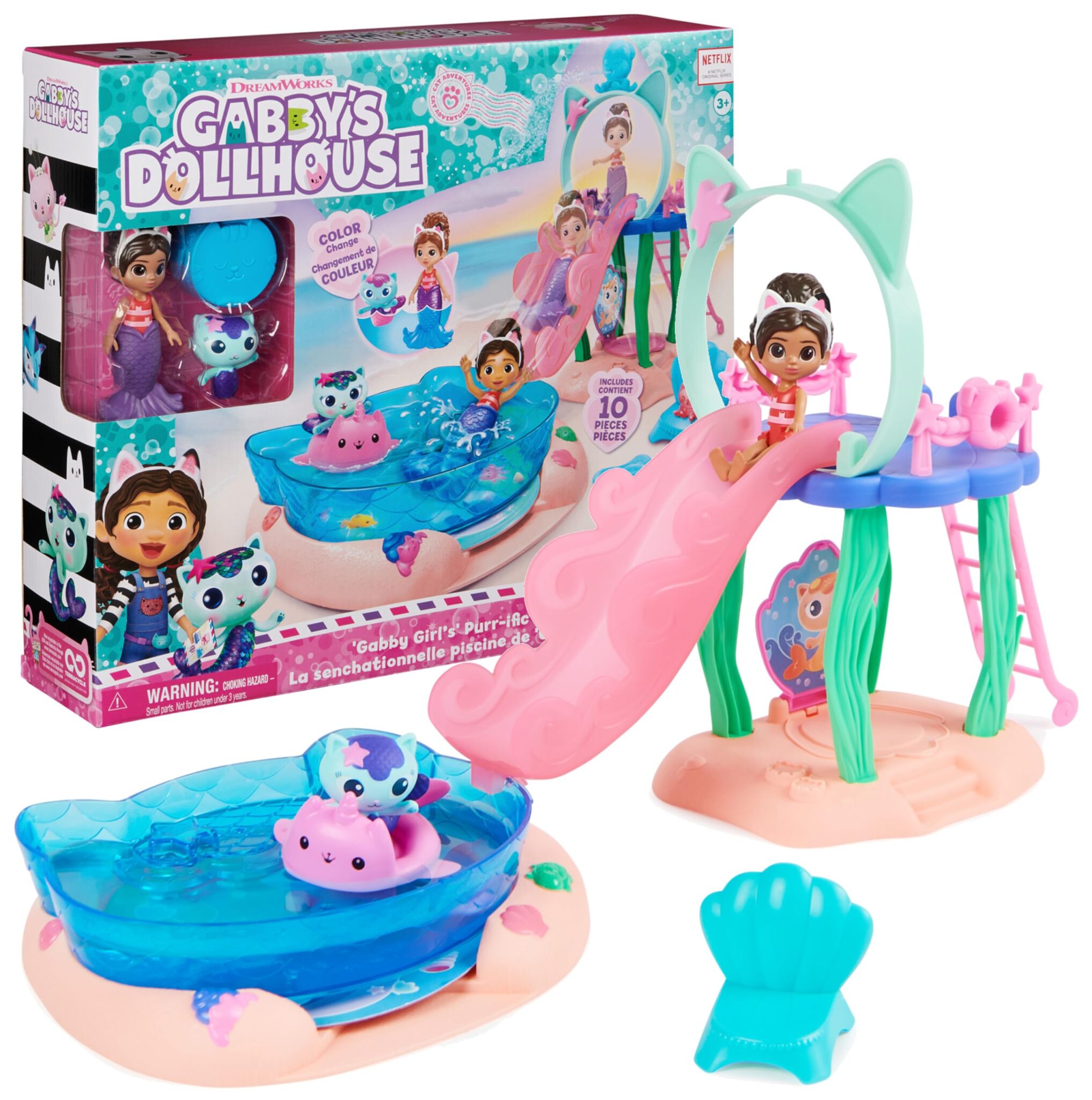 Gabby's Dollhouse, La Piscina Di Gabby Con Personaggio Di Gabby, 3+ Anni | Gabby e Siregatta, Costumi Da Bagno, Code Da Sirena Cangianti, Scivolo e Galleggianti, Collegabile Alla…