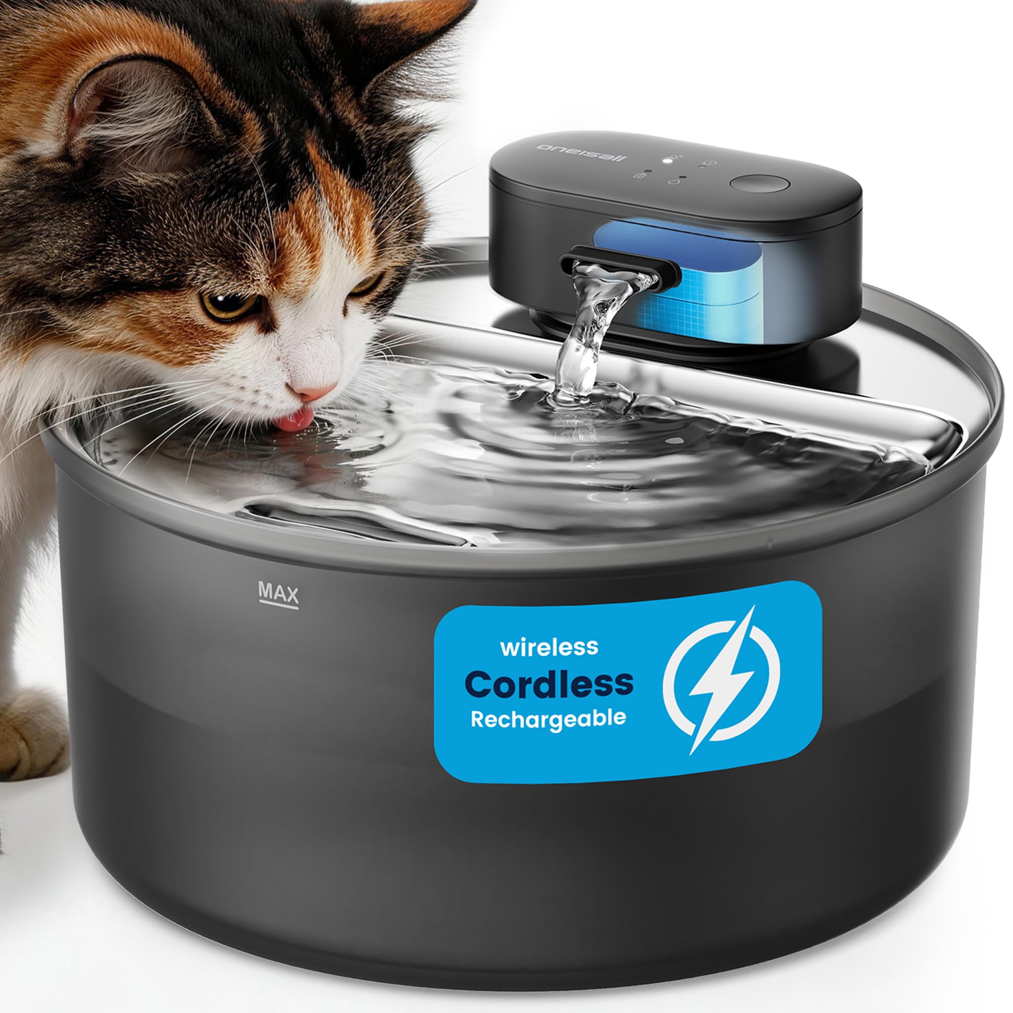 oneisall Fontana per gatti senza fili da 3,2L, fontana con sensore | ultra silenziosa a 20dB, batteria ricaricabile da 4000mAh, vaschetta in acciaio inossidabile, pulizia senza sf…