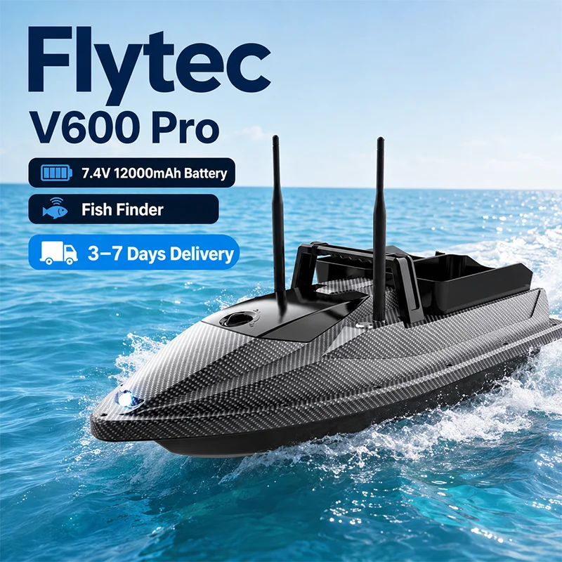 Flytec V600 GPS Fish Finder RC Bait Boat, Capacità di Carico 3KG, Telecomando 500M, 200 Punti di Ancoraggio GPS, 4 Zone di Pesca, Doppio Serbatoio per Esche, Batteria 7.4V 12000mAh