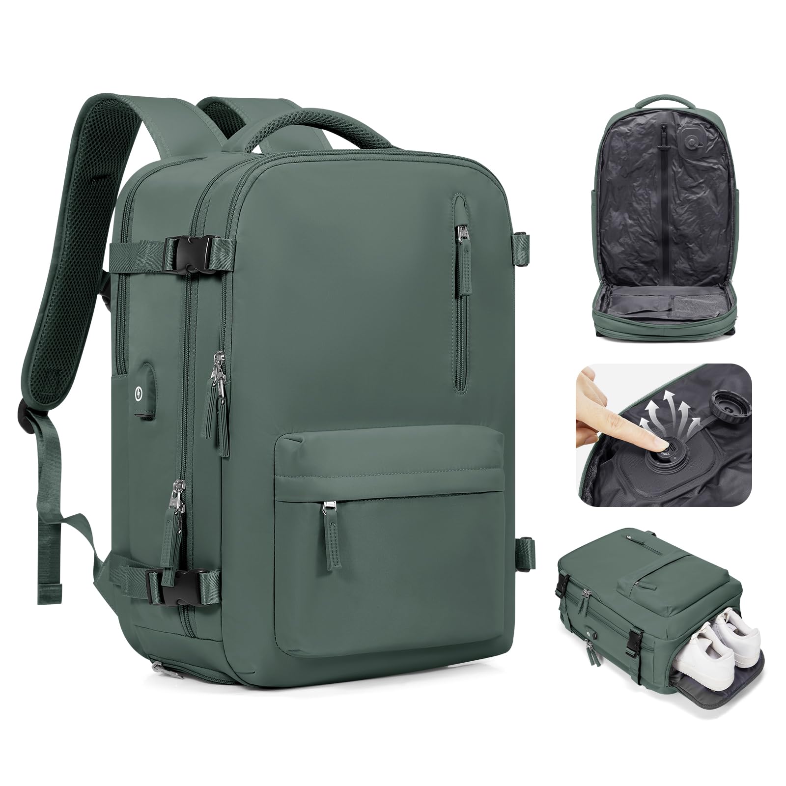 kibachev Zaino Sottovuoto Viaggio EasyJet,Aereo Bagaglio a Mano con Pompa Sottovuoto,Capiente Borsa Porta Pc Impermeabile Donna/Uomo Borsa da Cabina Zaini (Verde)